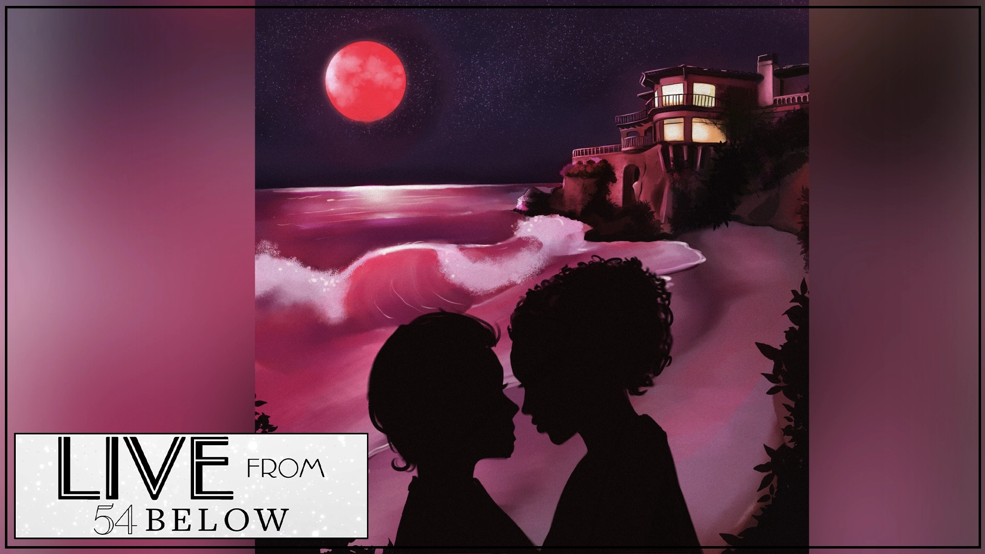 Two people stand close together in silhouette on a beach at night, waves crashing under a bright red moon. 