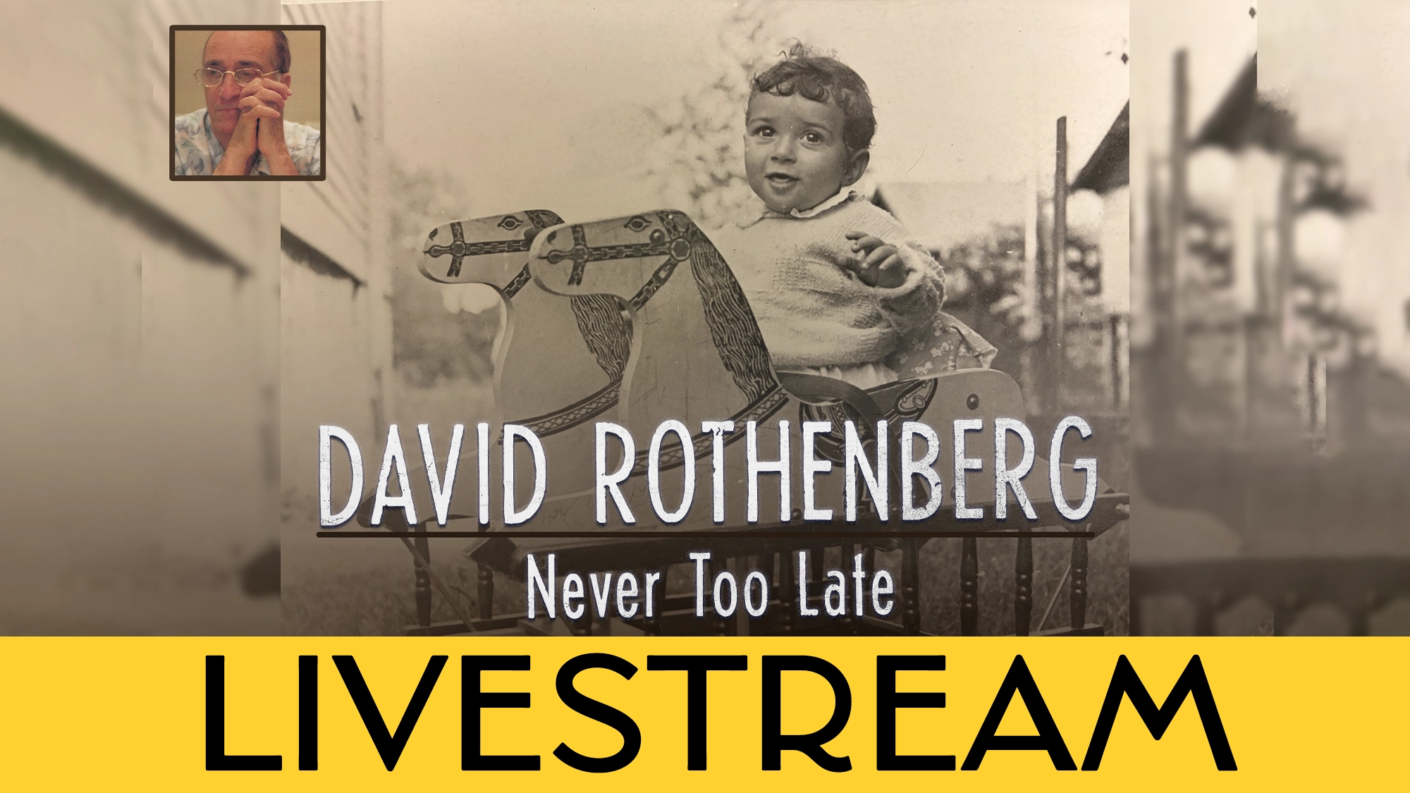 A sepia photo of a toddler on a wooden rocking horse is overlaid with 