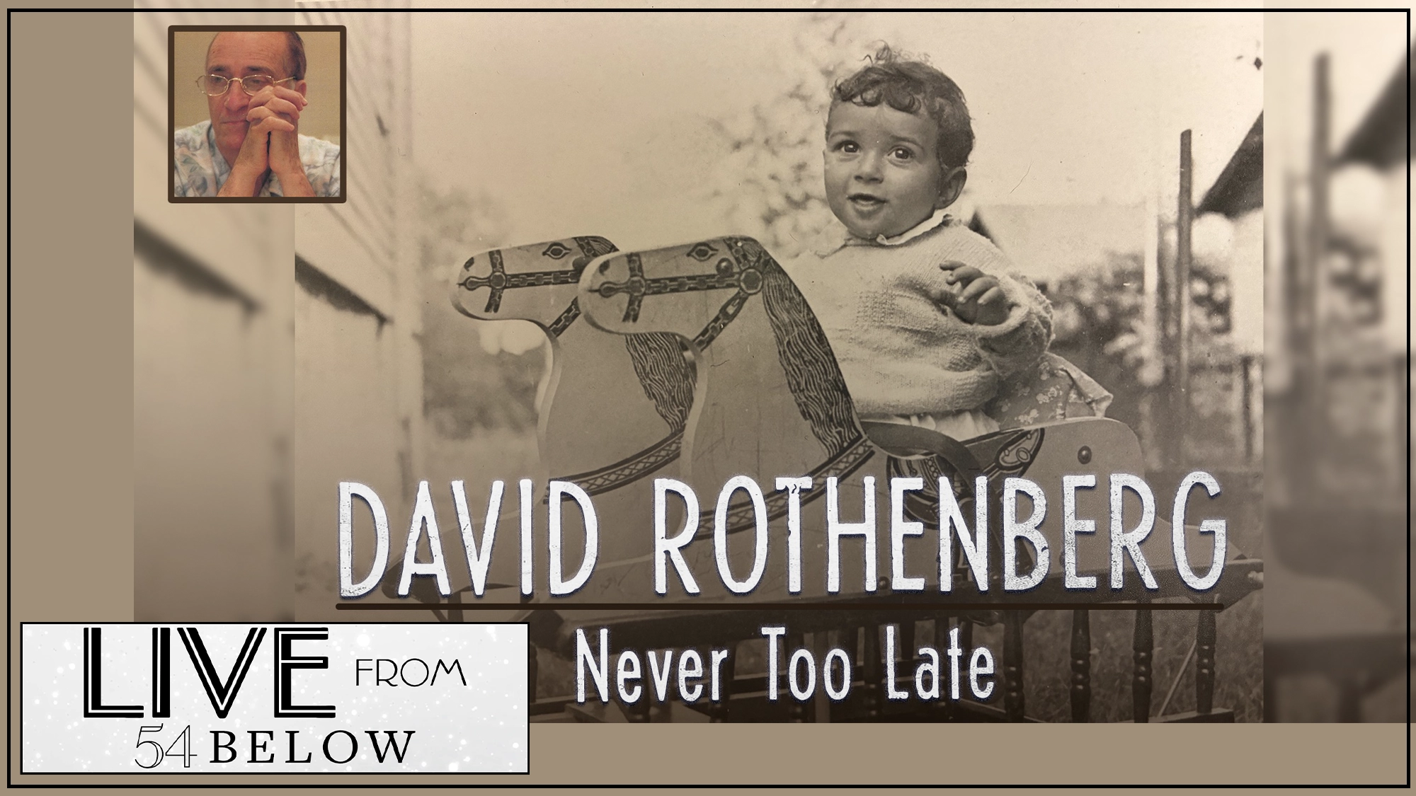 A sepia photo of a smiling baby on a wooden rocking horse dominates the image. Overlaid text reads 