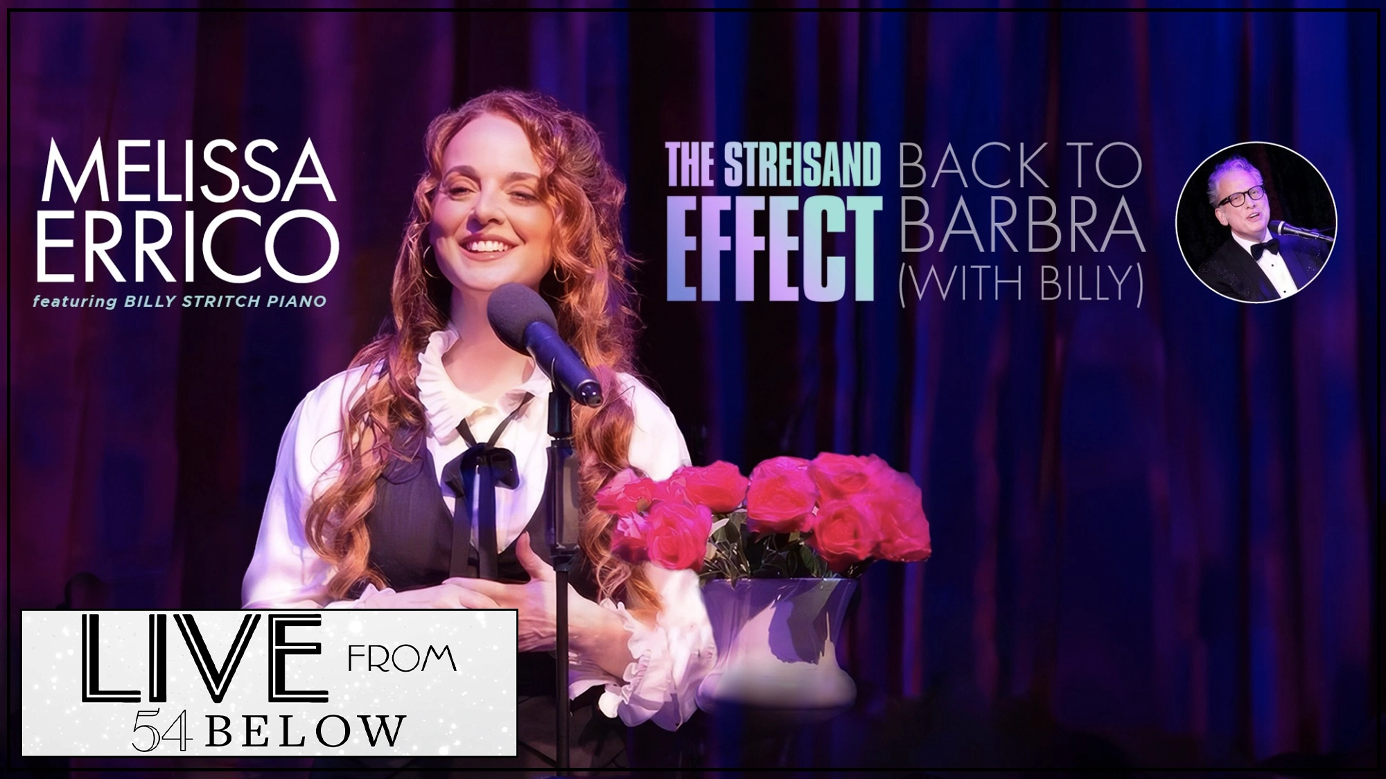 Singer Melissa Errico, smiling, stands at a microphone on stage with a bouquet of pink roses nearby. Text reads: 