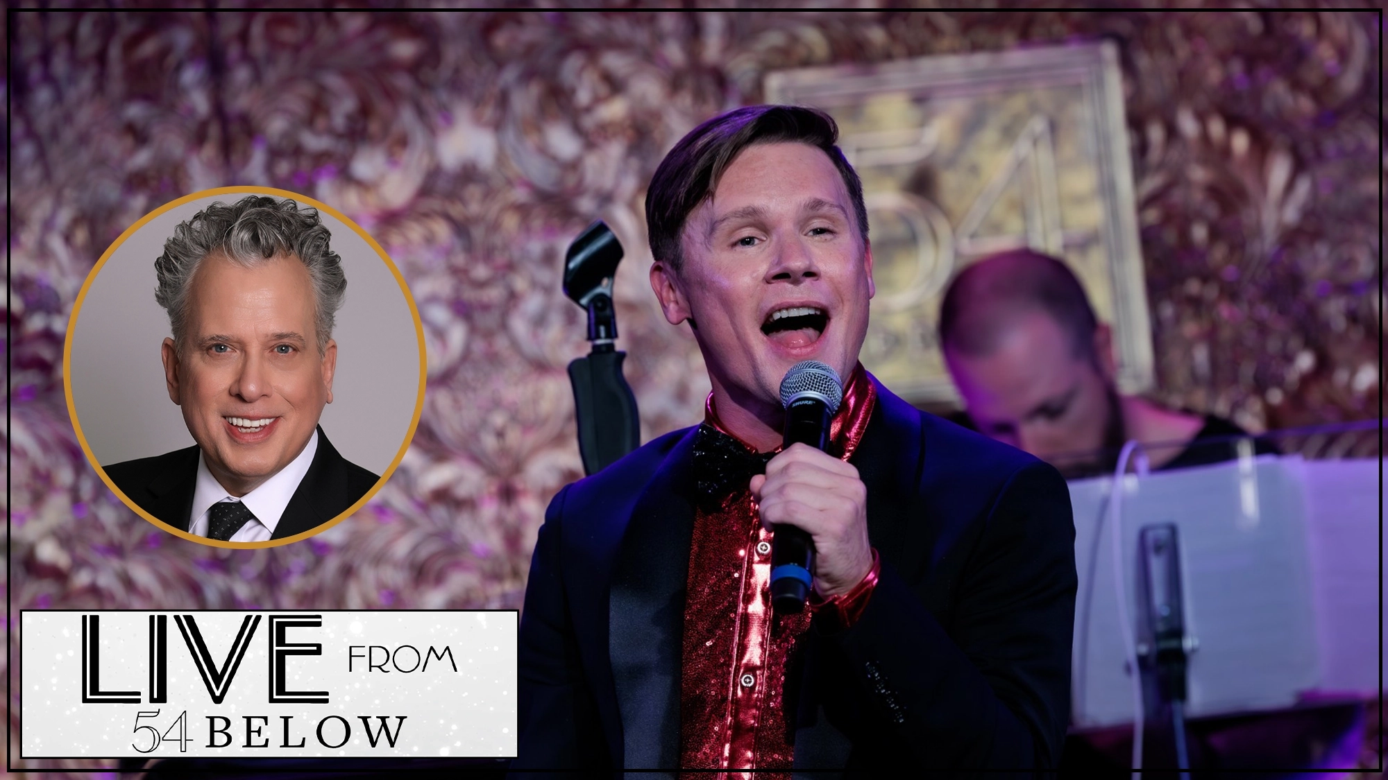 A man in a shiny red shirt and black blazer sings into a microphone on stage, with a musician blurred behind him. An inset shows Billy Stritch smiling in a suit. The text 