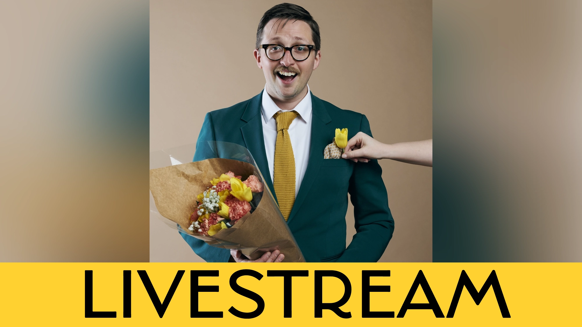 A smiling man in a teal suit, yellow tie, and glasses—Will Roland—holds a bouquet of flowers. Another hand tucks a yellow flower into his pocket. A bold yellow banner at the bottom reads “LIVESTREAM” in black letters.