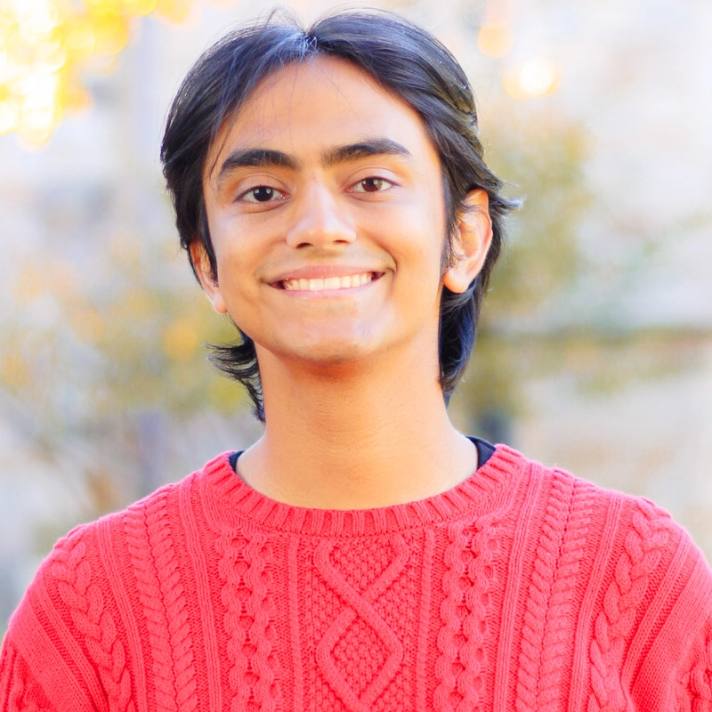 A young person with medium skin tone and straight dark hair smiles at the camera. Wearing a bright red cable-knit sweater, Krish Ramkumar stands against a softly blurred backdrop of greenery and sunlight, creating a warm, cheerful atmosphere.