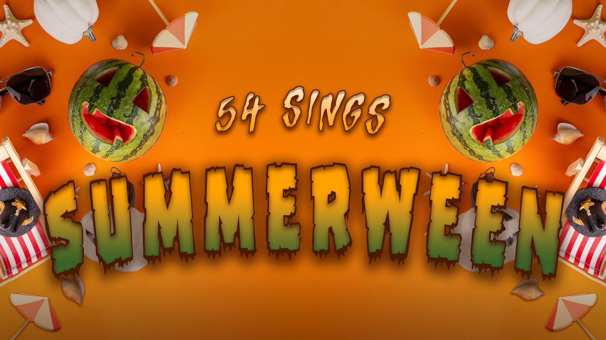 An orange background features carved watermelons as jack-o’-lanterns amid beach gear like umbrellas and seashells. “54 Sings SUMMERWEEN” appears in spooky letters, celebrating Halloween in summer with a unique twist.