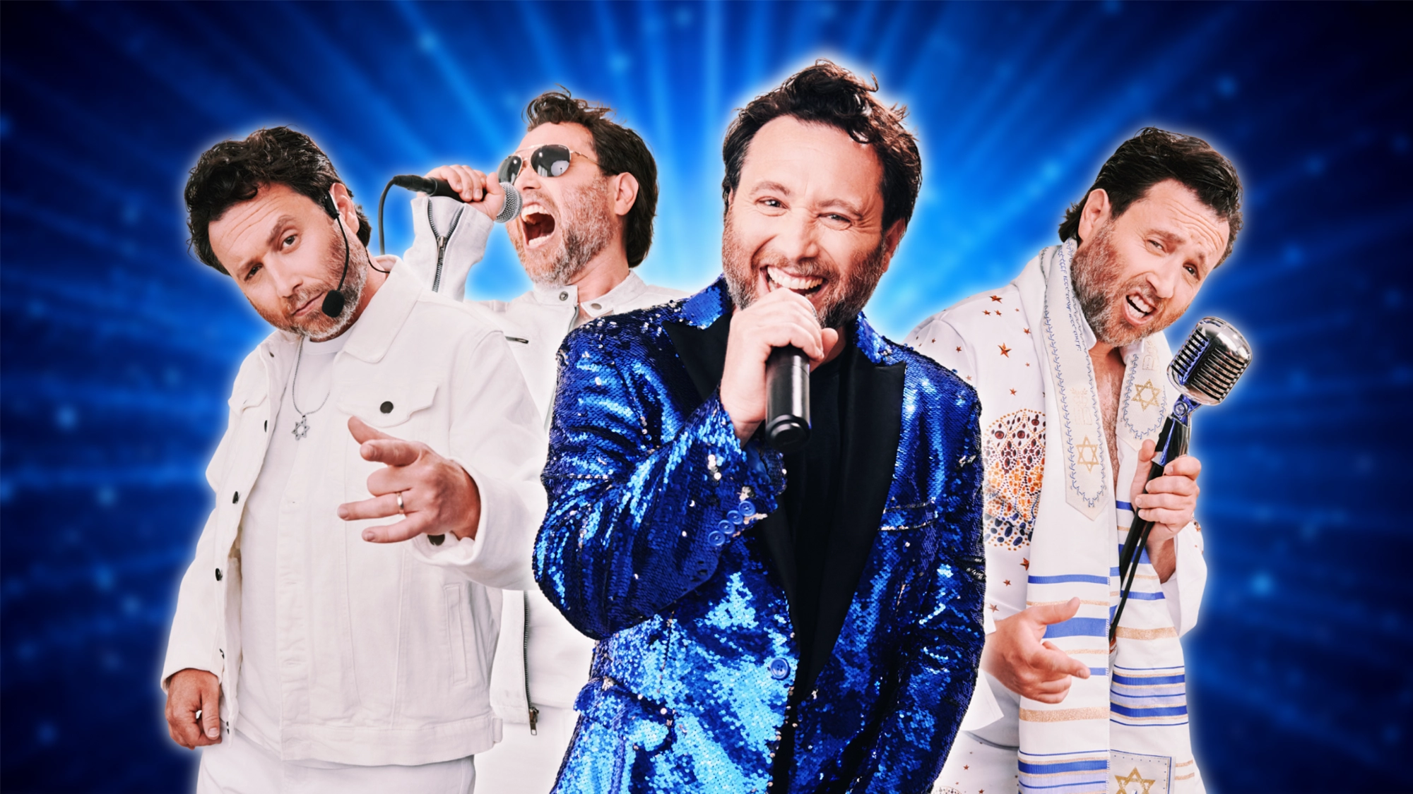 Four versions of Adam Blotner sing into microphones—dressed in all white, a sparkling blue jacket, and a prayer shawl. A vibrant blue radial background adds energy, capturing Greatest Hits from the Jewish Year with dynamic performances and lively expressions.