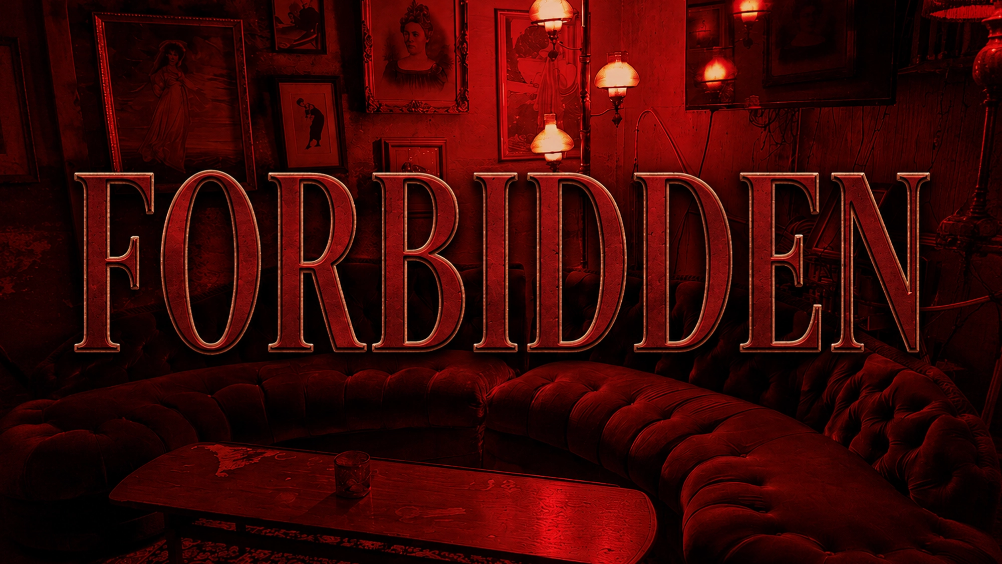 A dimly lit, red-hued vintage lounge with a curved sofa, wooden table, and framed pictures on the wall. Several hanging lamps give off a moody glow, while 