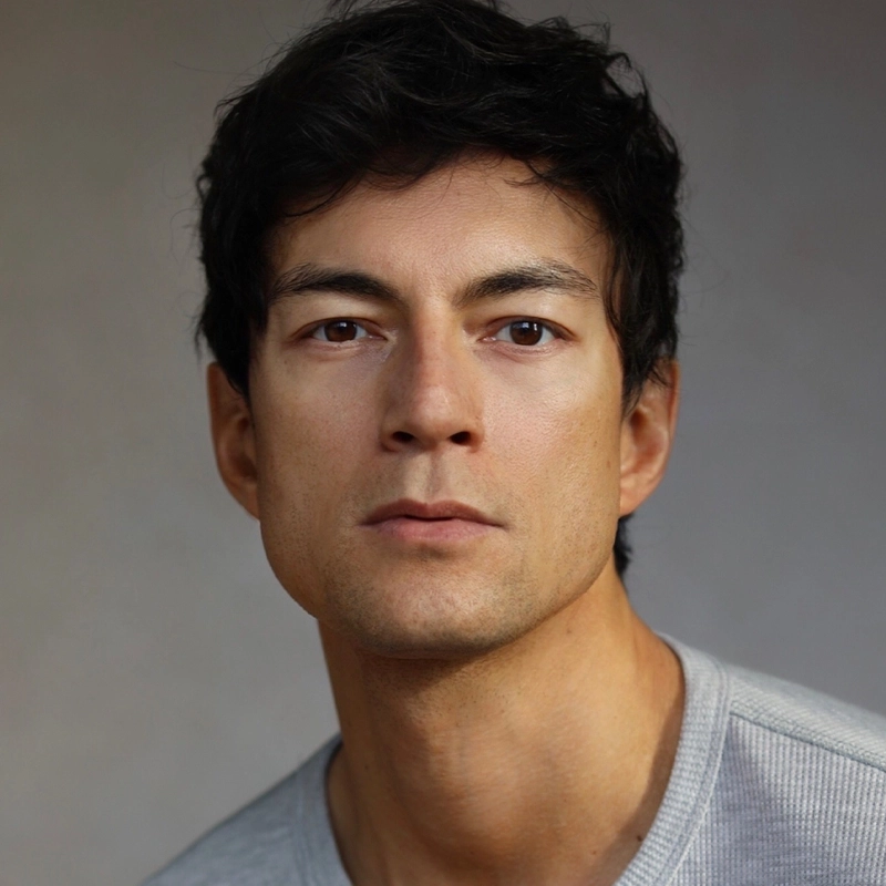 A young man with short, wavy dark hair and light skin gazes directly at the camera with a neutral expression. He wears a light gray crew neck shirt, and the background is softly blurred in shades of gray and beige.