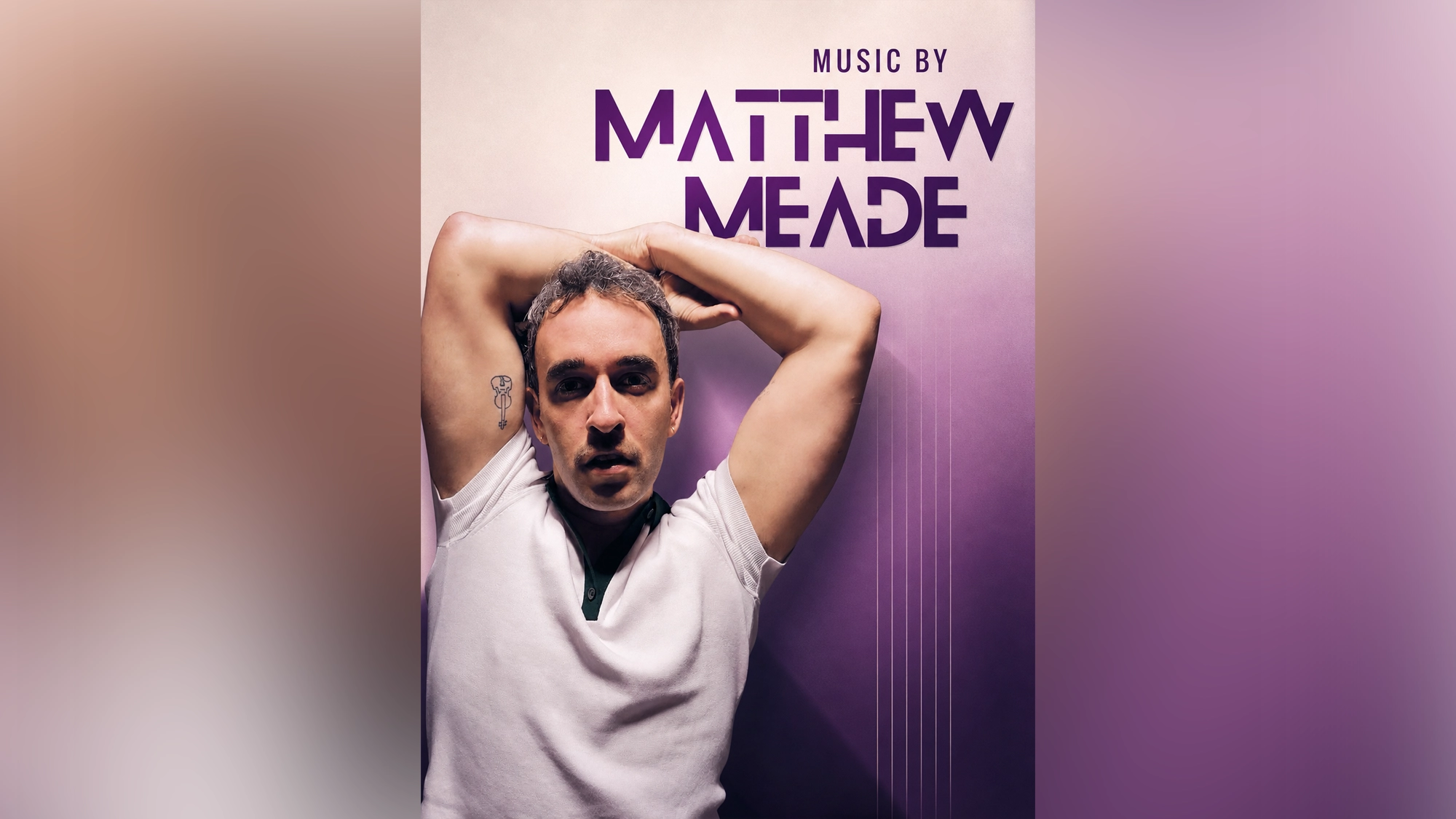 A man in a white shirt poses with both arms raised behind his head against a purple gradient background. The text 