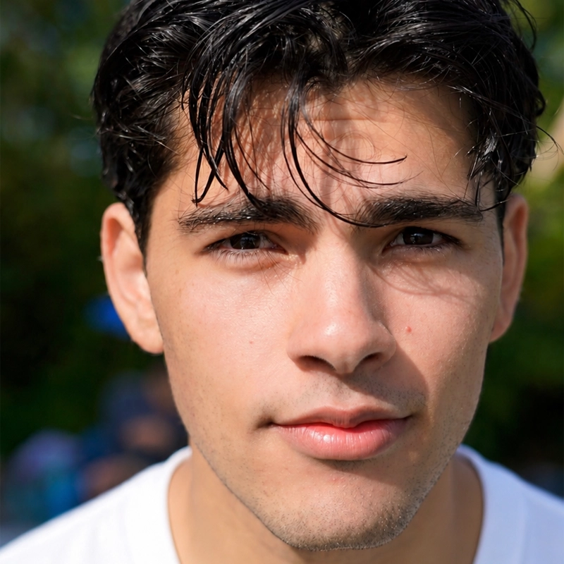 A young man with dark hair and brown eyes looks directly at the camera. He has fair skin, slightly wet hair falling onto his forehead, and wears a white shirt. Green blurred foliage is in the sunlit background, identifying him as Jacob Prager.
