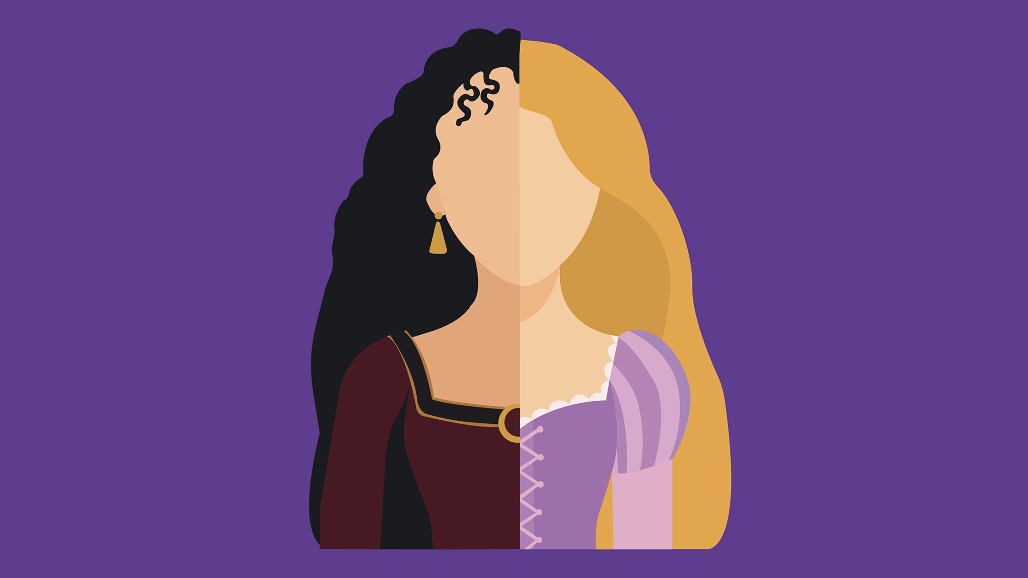 A split-face illustration of two women—one with curly black hair, a dark red dress, and a gold earring; the other with long blonde hair and a lavender gown—captures the contrasting worlds of princesses and villains. The background is purple, and both figures have featureless faces.