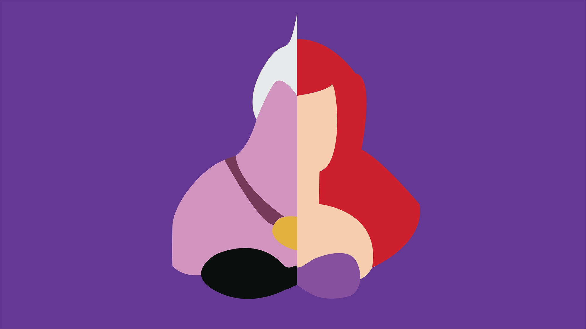 Minimalist illustration on a purple background showing two stylized princesses side by side: the left with pale skin, gray hair, and purple clothing; the right with peach skin, red hair, and a peach top. Both are depicted with simple shapes and bold colors.