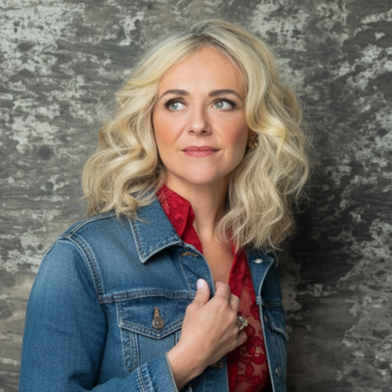 A woman with wavy blonde hair and light skin wears a blue denim jacket over a red patterned top. She stands in front of a mottled gray background, gazing slightly to her right with a soft, thoughtful expression.