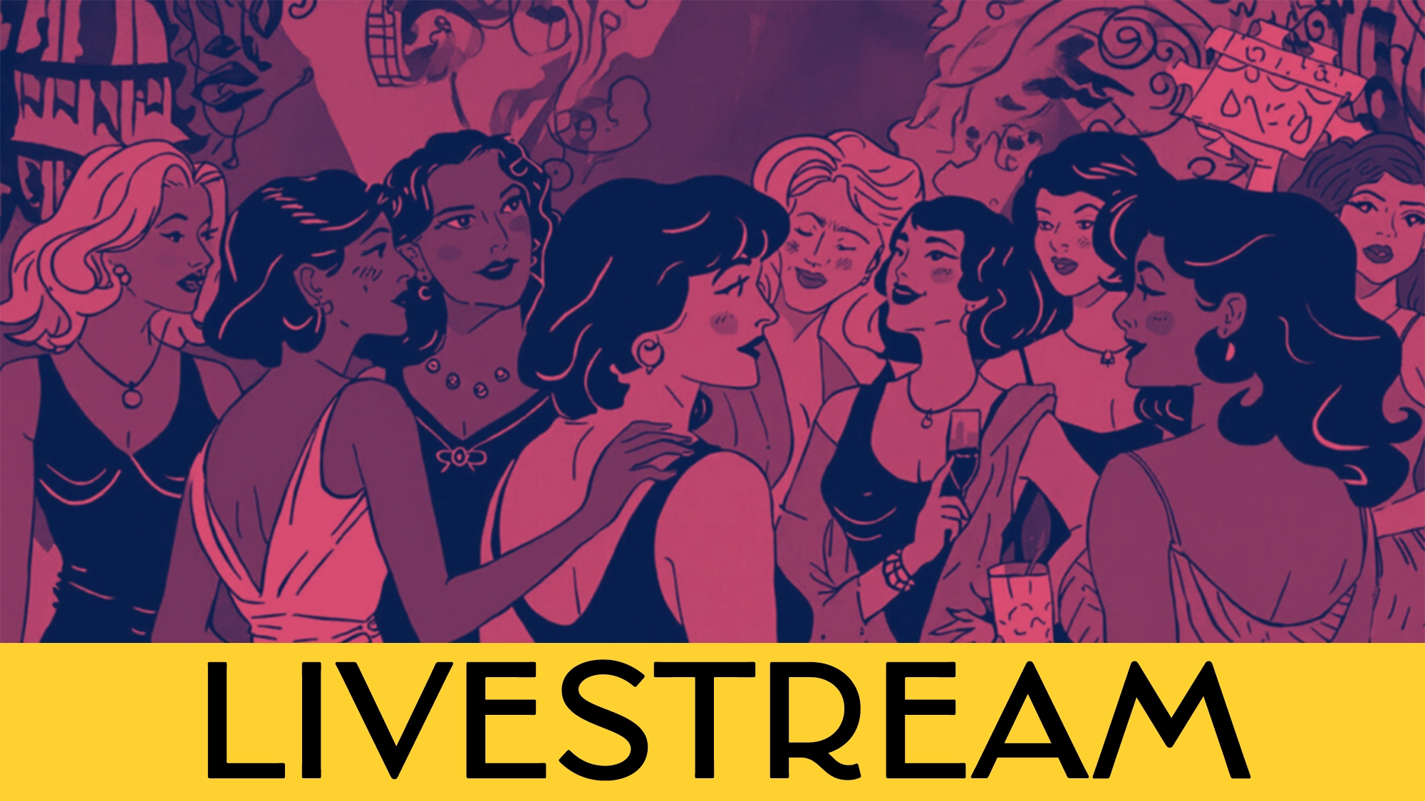 A group of women in vintage-style dresses stand together, talking and smiling at a lively Pride Month party. The image has a red and purple tint. Below, a bold yellow banner spans the bottom with the word “LIVESTREAM” in large black letters.