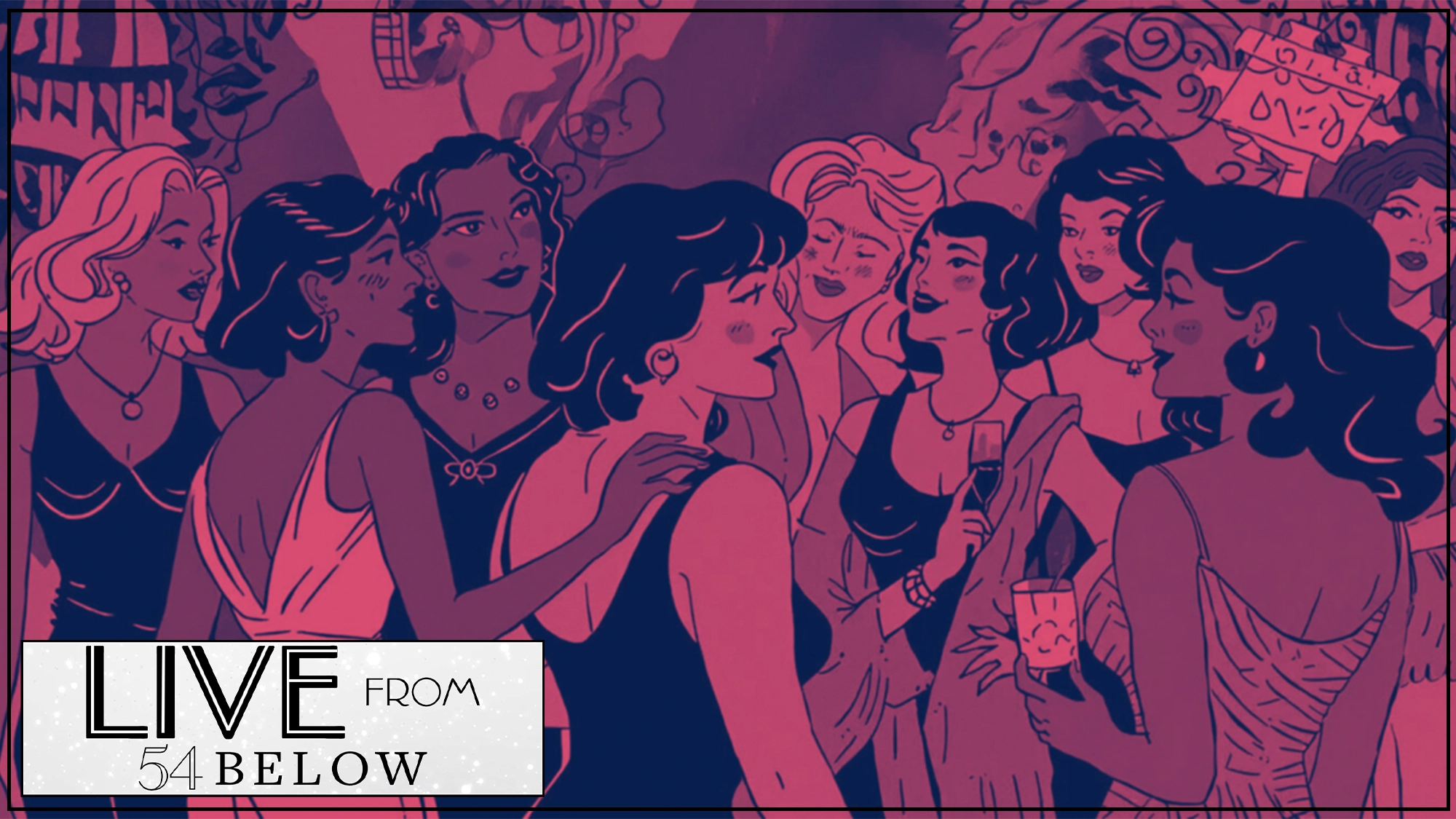 A group of stylishly dressed women in vintage attire stand closely together at a lively party, chatting and holding drinks. Pink and purple shades set the scene. The bottom left sign reads 
