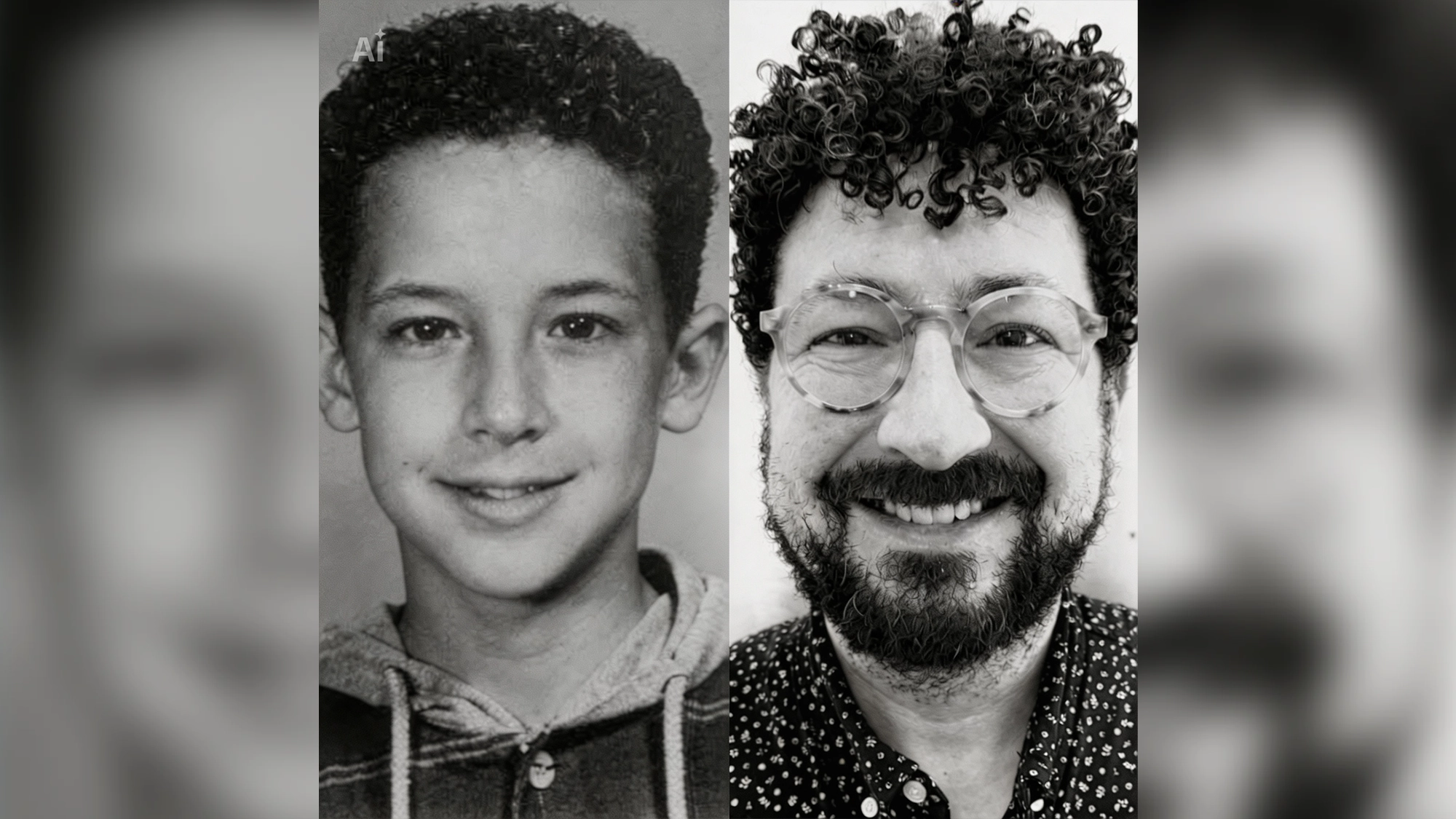 Side-by-side black and white photos: on the left, a smiling boy with short curly hair in a zip-up hoodie; on the right, Sean Russell as an adult, beard and glasses, patterned shirt—both grinning wide, proving Nothing's Off Limits when it comes to transformation.