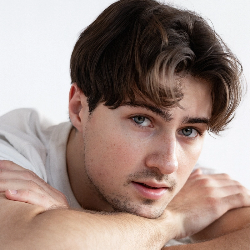 A young man with light skin, tousled brown hair, and blue eyes rests his chin on his crossed arms. He has faint stubble and wears a white shirt. The softly lit white background evokes the calm style often seen in Rachel Sklar’s portraits.