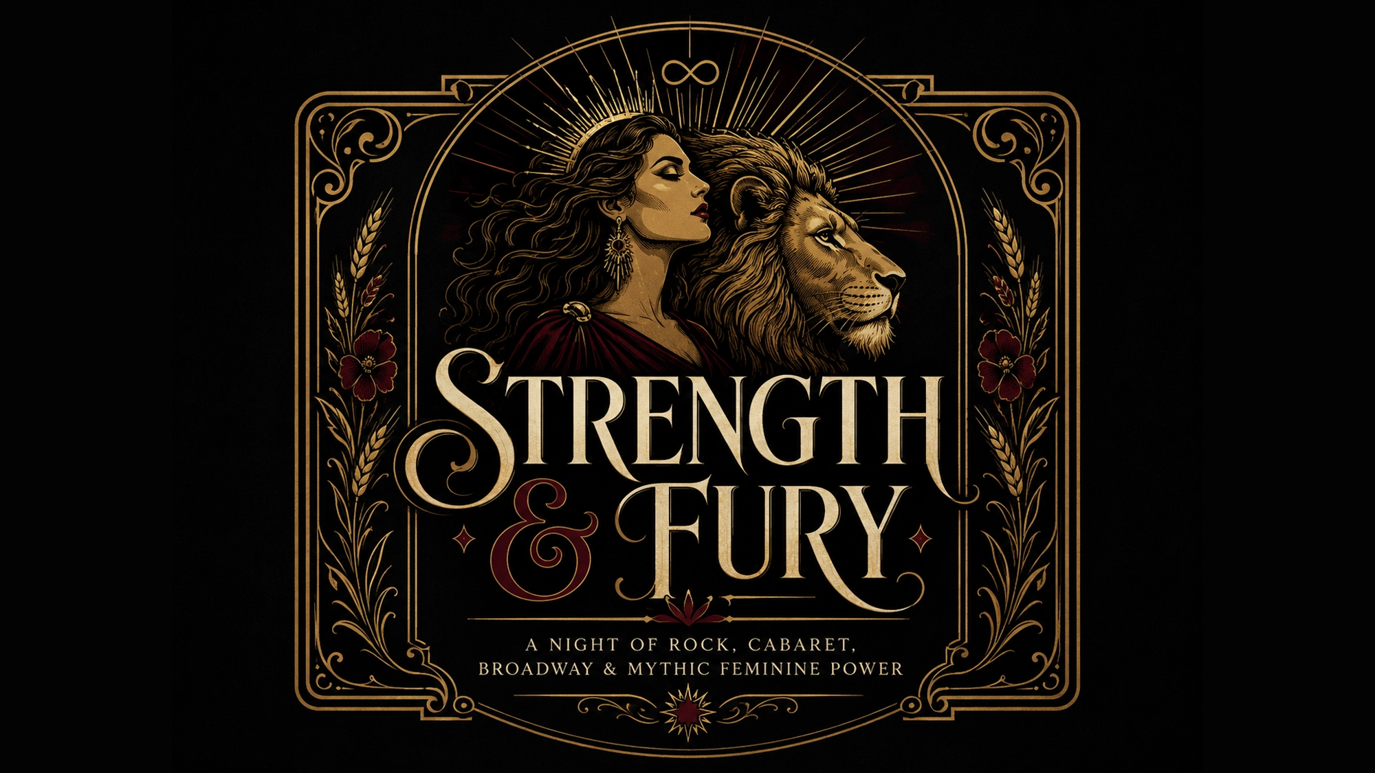 An ornate illustration features a regal woman with long wavy hair and a lion in profile, surrounded by gold accents. The text reads “Strength & Fury: The Furies, Lee Moretti, Rock, Cabaret, Broadway & Mythic Feminine Power” on a black background.