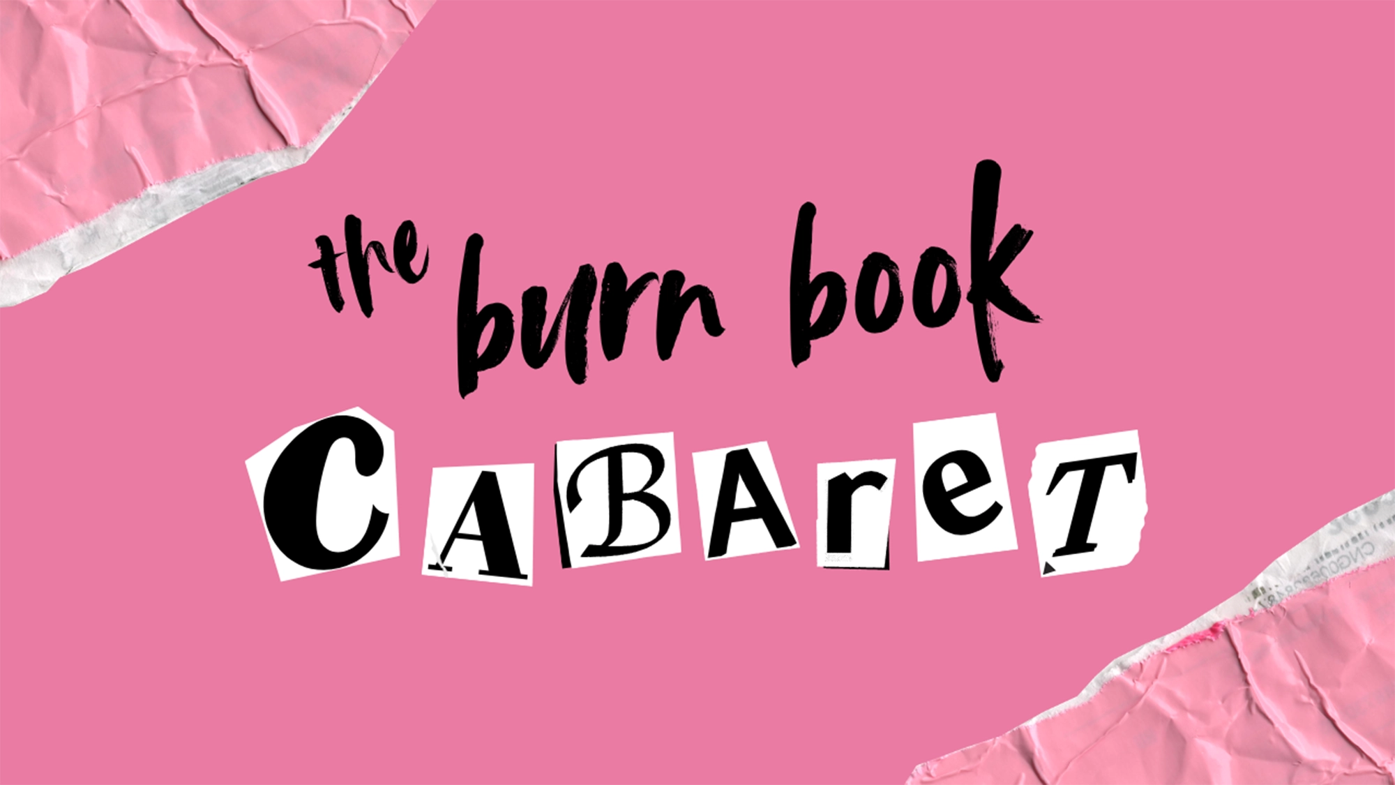 A pink background with crumpled paper edges in two corners. Bold black text reads 