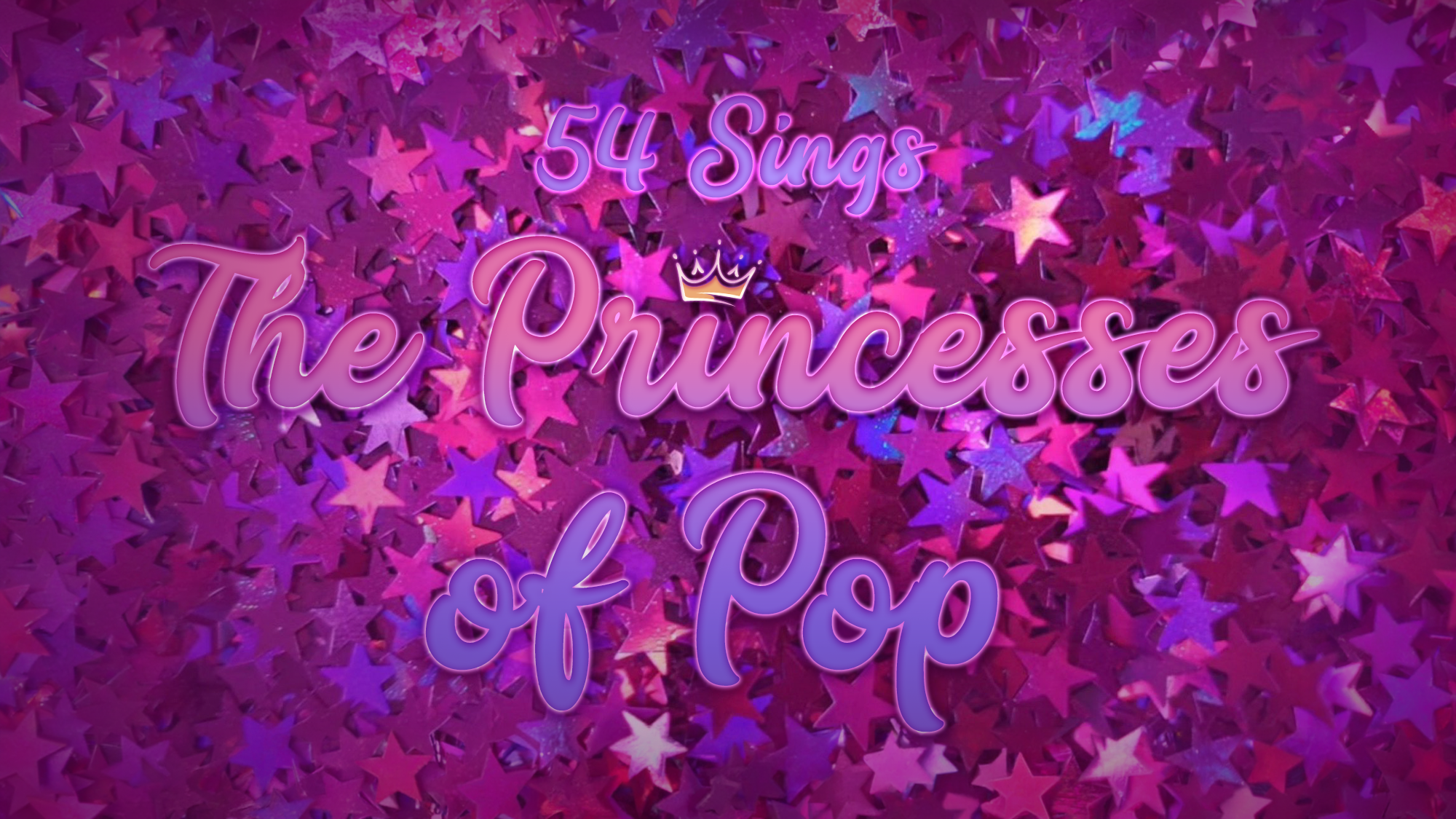 A glittery pink and purple background covered with star shapes. Bold, decorative text in pink and purple reads: 
