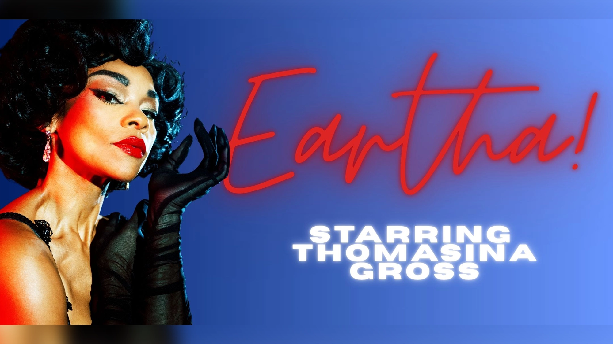 A glamorous woman with short, styled black hair and red lipstick poses in black gloves against a blue background. Red neon text reads 