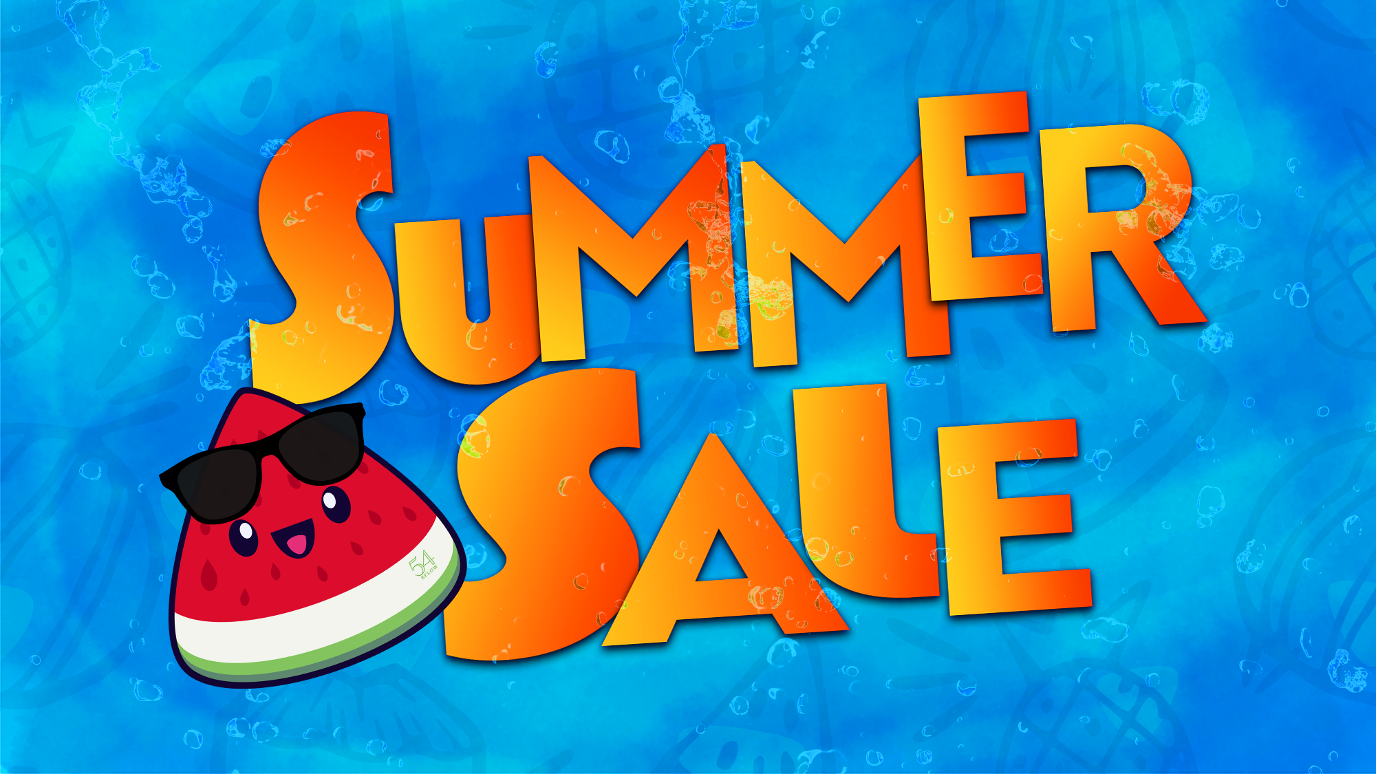 Bright blue background with bubbles, bold orange and yellow text reads “Summer Sale.” A cute watermelon slice with a smiling face and black sunglasses appears beside the word 