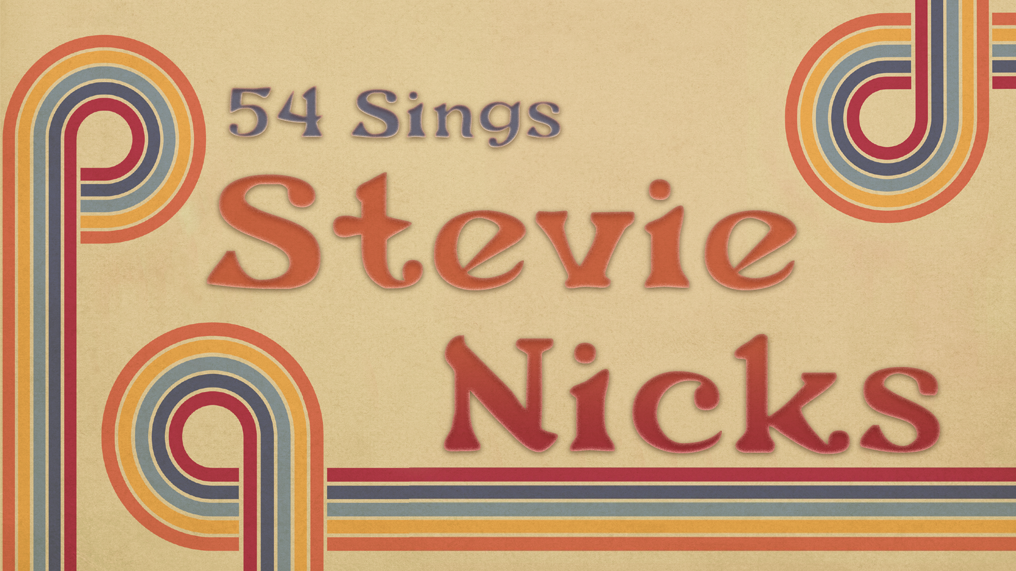 A retro-style graphic with curved stripes in orange, blue, and yellow on a tan background. Text reads 