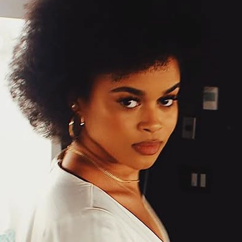 A woman with a natural afro hairstyle, gold hoop earrings, and a gold necklace gazes confidently at the camera. Dressed in a white top, she evokes Natalie Louise Charles against a softly lit background of dark and light areas.