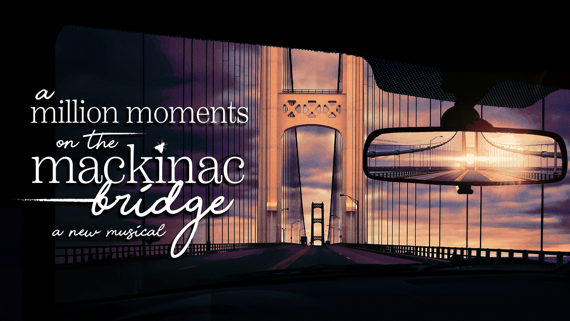 View from a car driving on the Mackinac Bridge at sunset, with the bridge also reflected in the rearview mirror. Text reads: 
