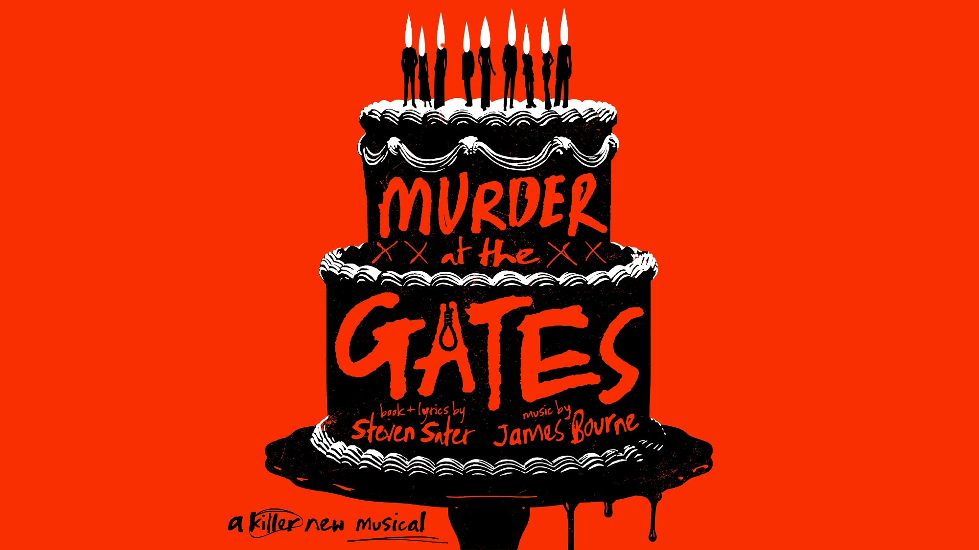 A black, two-tiered cake with lit candles sits against a bright red background. The cake reads 