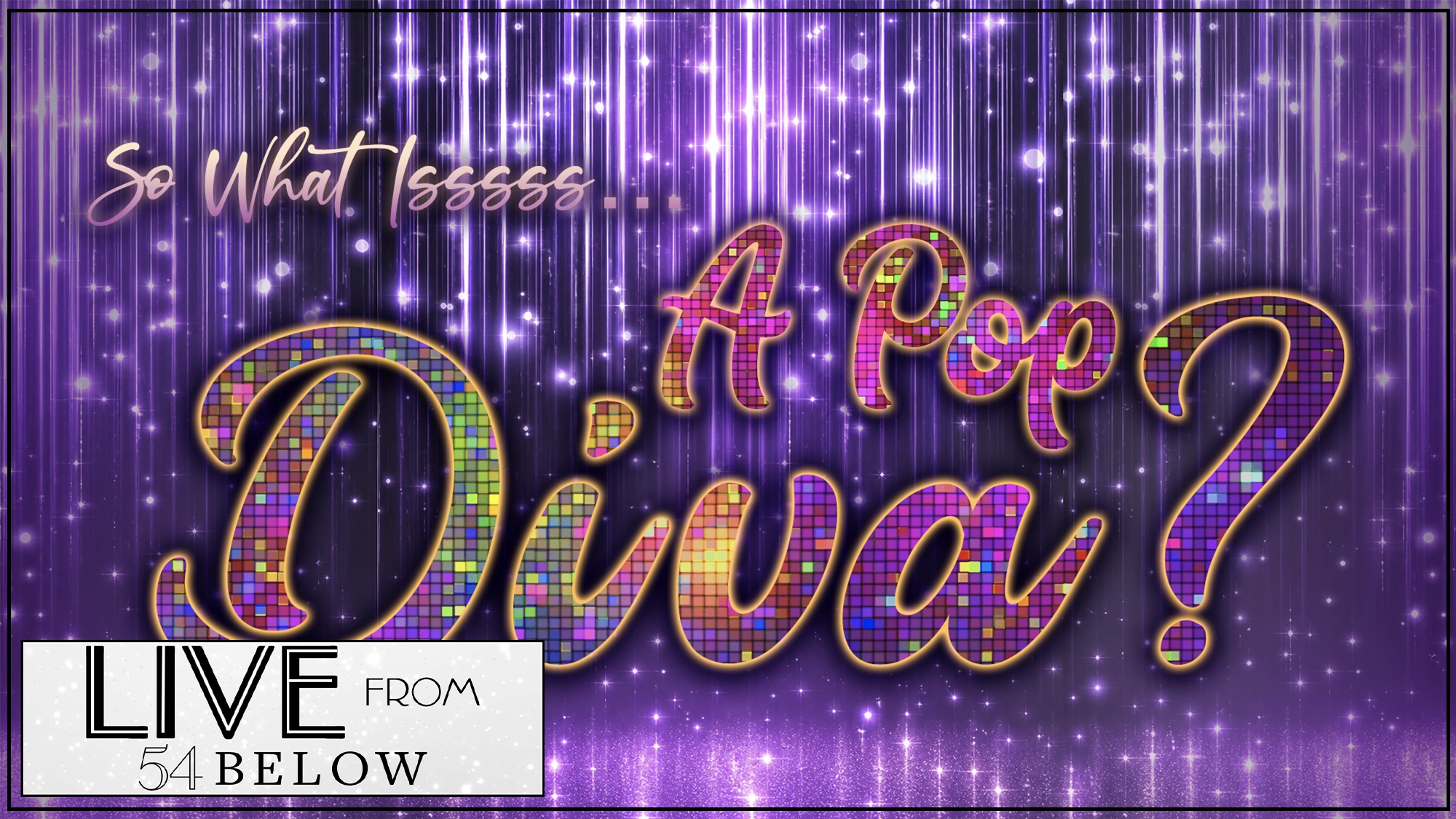 A glittery purple background shimmers with sparkling lights. Large, disco ball-style text reads 