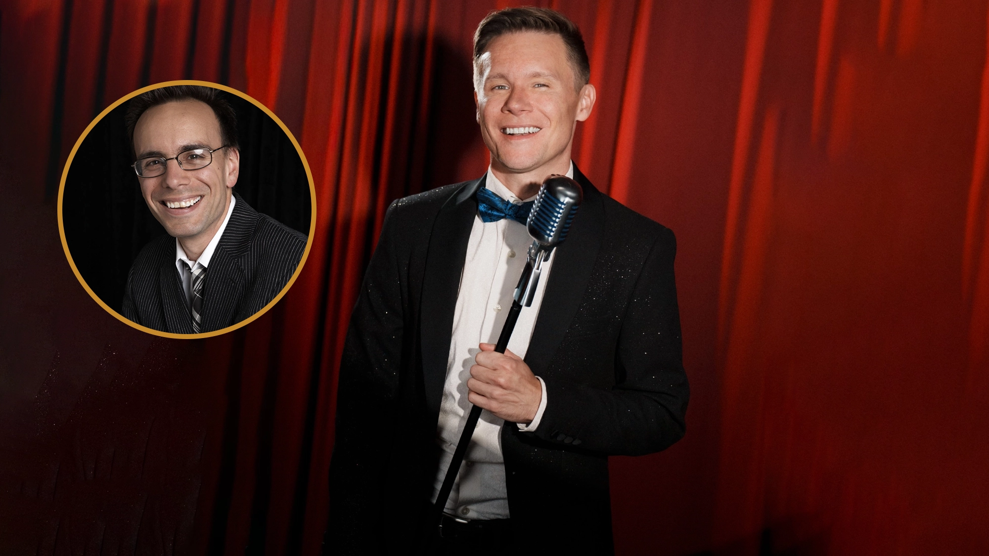 Seth-Sikes-Site-Image-3 A smiling man in a suit and bow tie holds a vintage microphone in front of red curtains, capturing the vibrant energy of singing live on stage. An inset circle features Tedd Firth, another smiling man in glasses and a suit, set against a dark background.