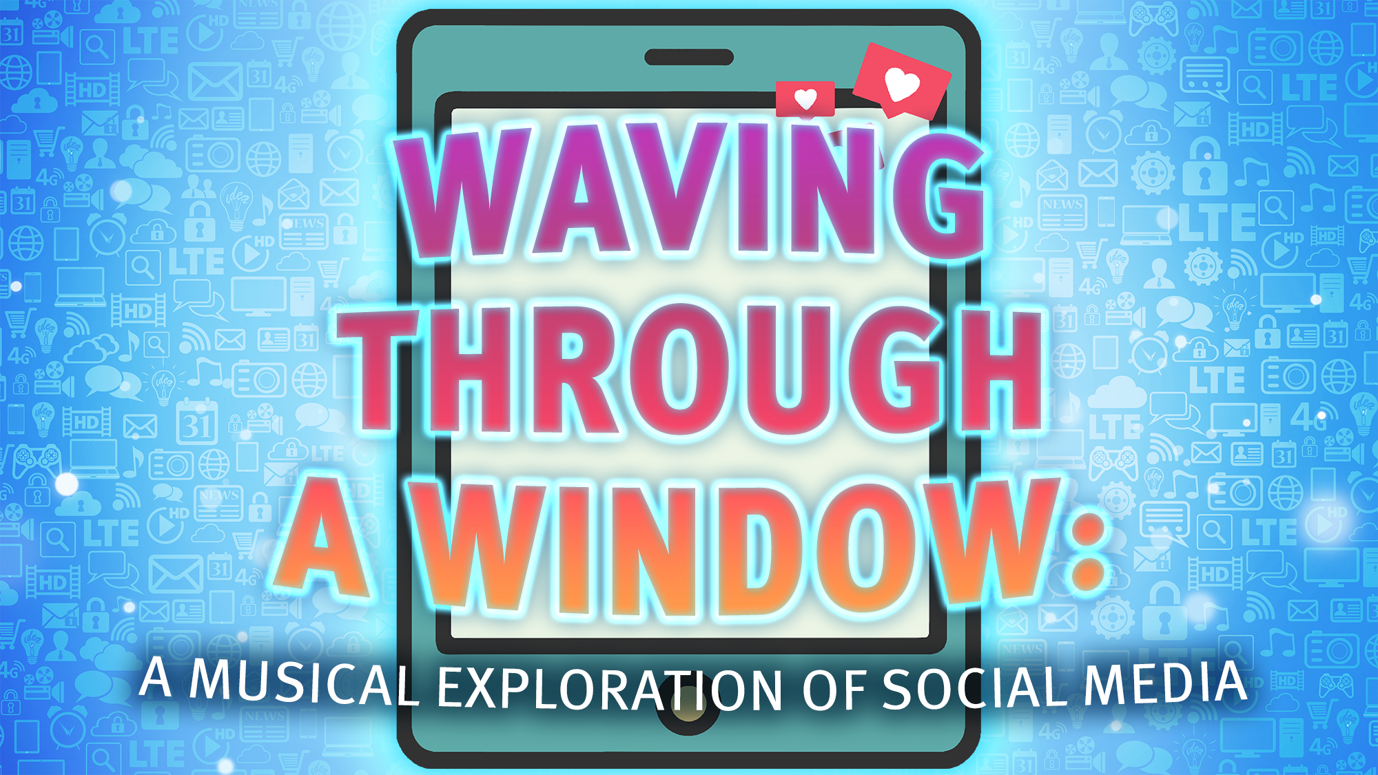 A graphic featuring a large smartphone with social media notification icons. Bold, colorful text reads 