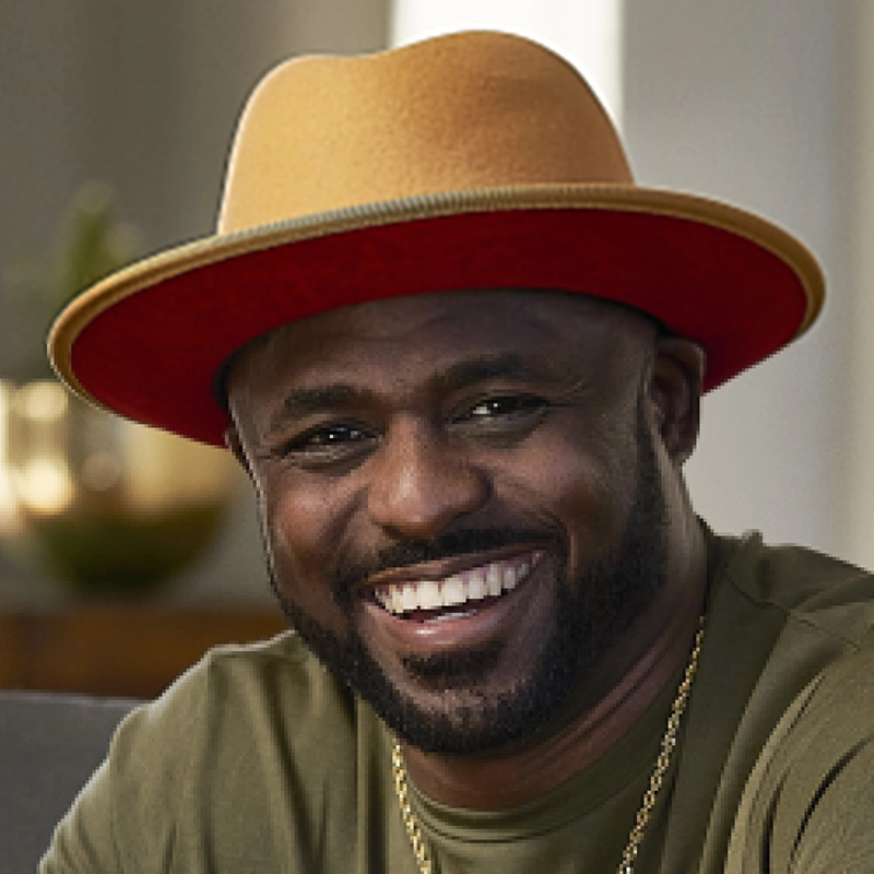 A smiling man with a dark beard wears a wide-brimmed tan hat with a red underside. He has a gold chain, an olive-green shirt, and is sitting indoors with blurred decor in the background.