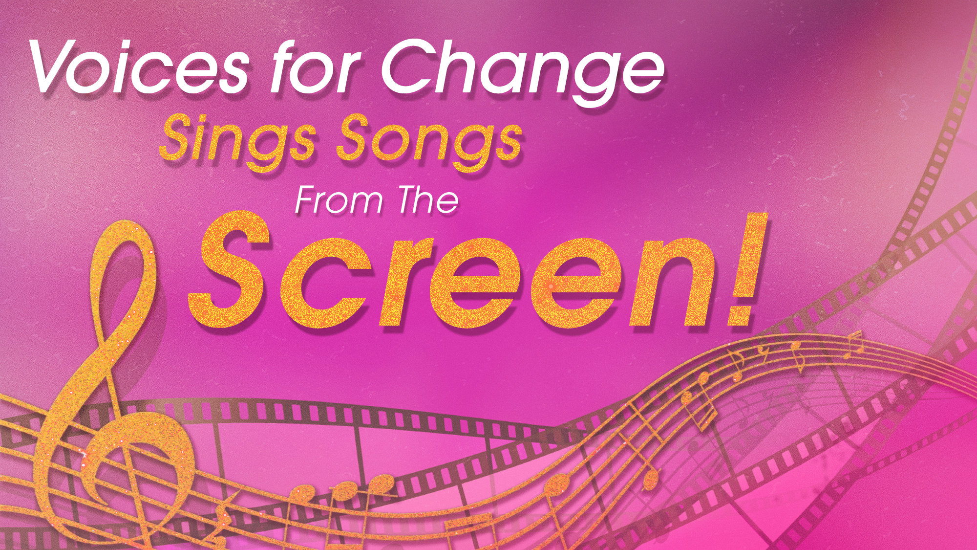 Pink background with filmstrips and music notes. White and yellow text reads: 