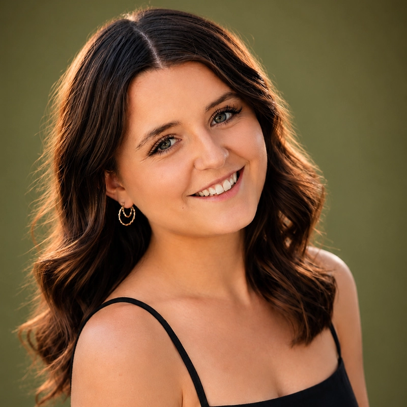 Smiling woman with wavy dark brown hair and hoop earrings poses outdoors. She wears a sleeveless black top. The background is softly blurred green, highlighting her cheerful expression. Warm sunlight gently illuminates her face and hair.