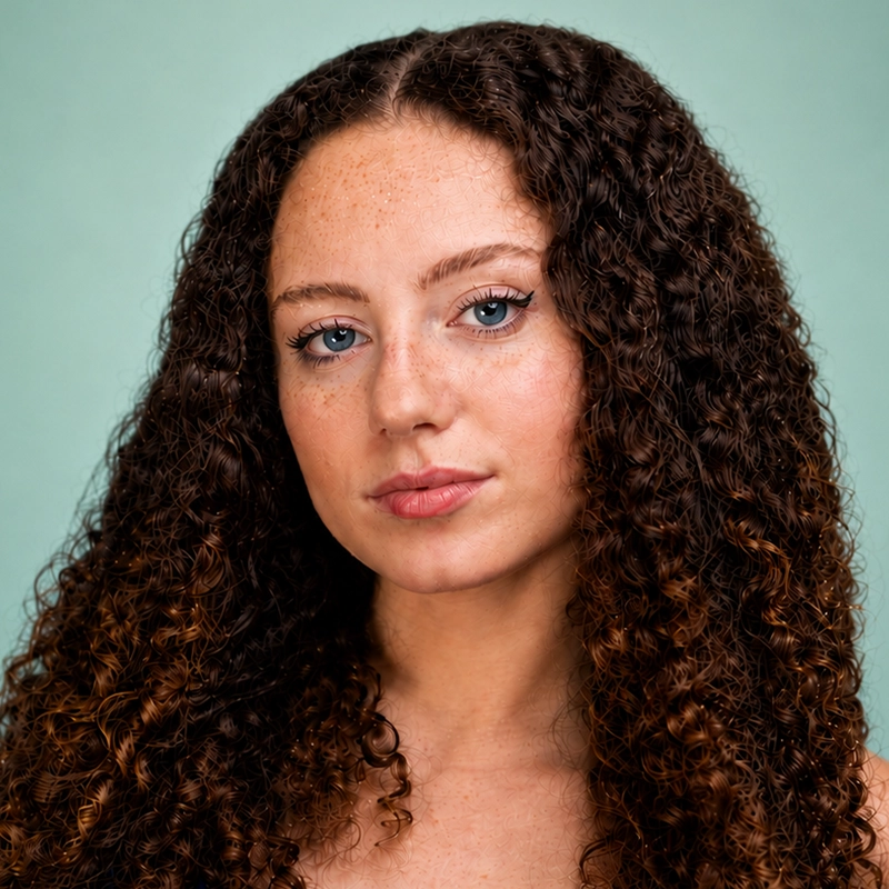 Jayline Ross, a young woman with long, dark curly hair and blue eyes, gazes at the camera. She has light skin, subtle makeup, freckles, and a neutral expression. The soft mint green background enhances her striking look.