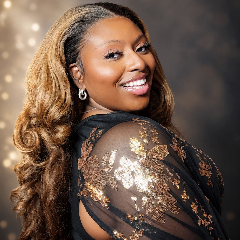 Johnique Edwards, a smiling woman with long, wavy, light brown hair, poses in a black dress featuring sheer sleeves with gold floral embroidery. The dark background and soft, glowing lights create a warm, elegant atmosphere.