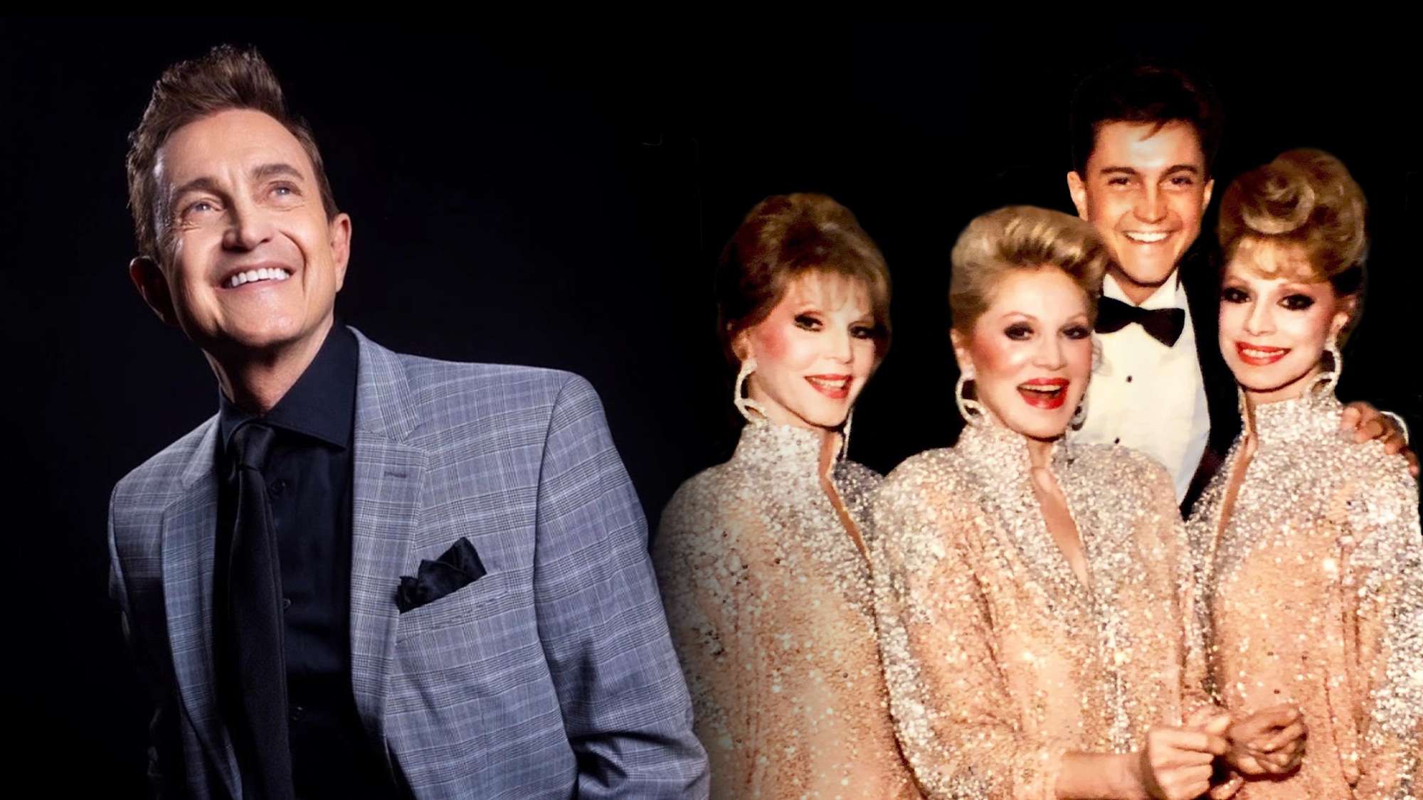 A man in a gray plaid suit, likely Jeff Harnar, smiles at left, standing against a black background. At right, three women in glittery beige gowns—reminiscent of the McGuire Sisters—pose with a man in a tuxedo; all are smiling and dressed formally, also set against the black backdrop, evoking the classic elegance of performances like “Sincerely.”.