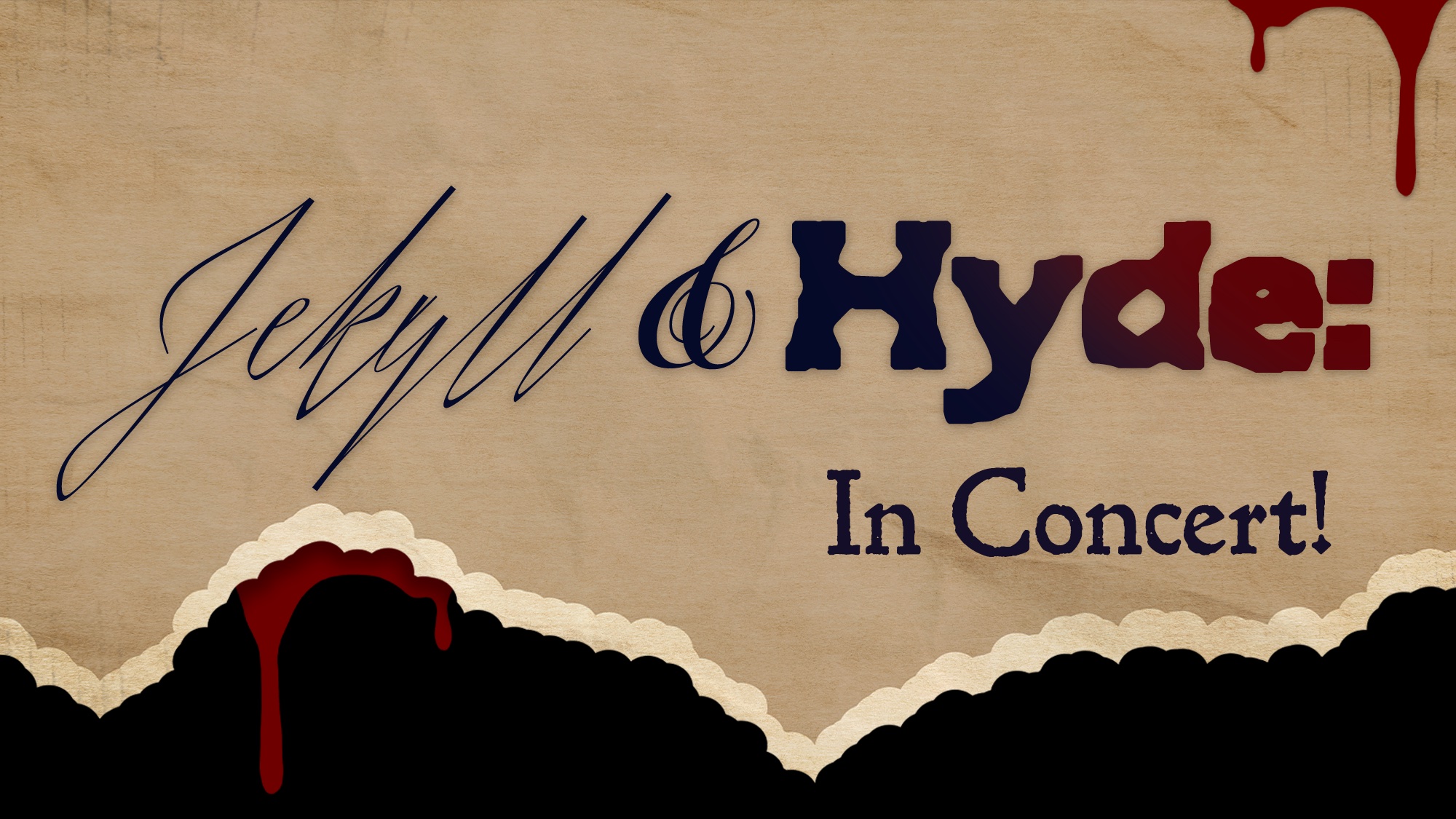 Torn paper with blood splatters reveals the text: “Jekyll & Hyde: In Concert!” in stylized fonts, featuring Christiane Noll. The background is beige with dark red and black accents, evoking a dramatic, gothic atmosphere.
