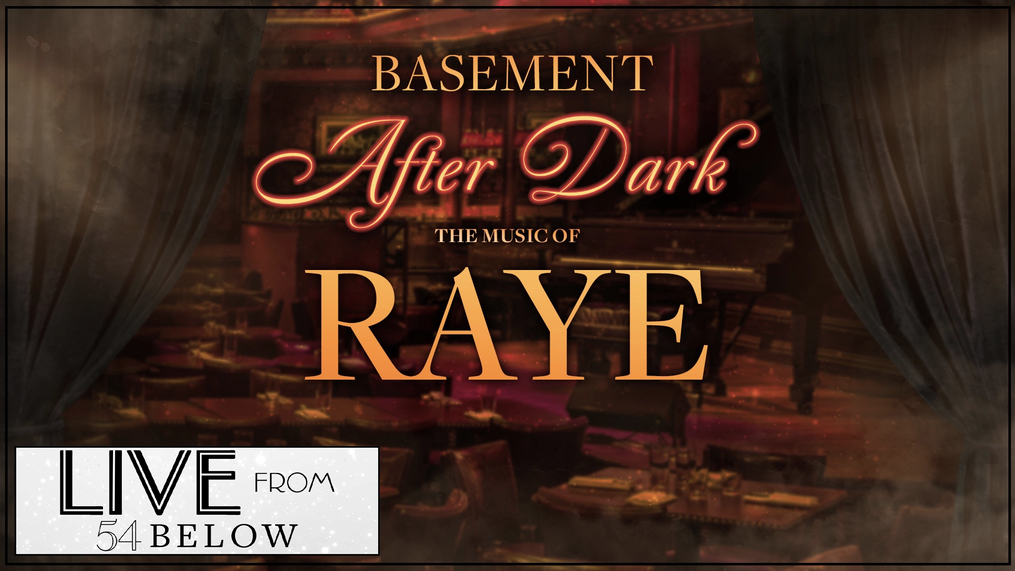 A dimly lit cabaret lounge with tables, velvet curtains, and a grand piano. Text reads: 
