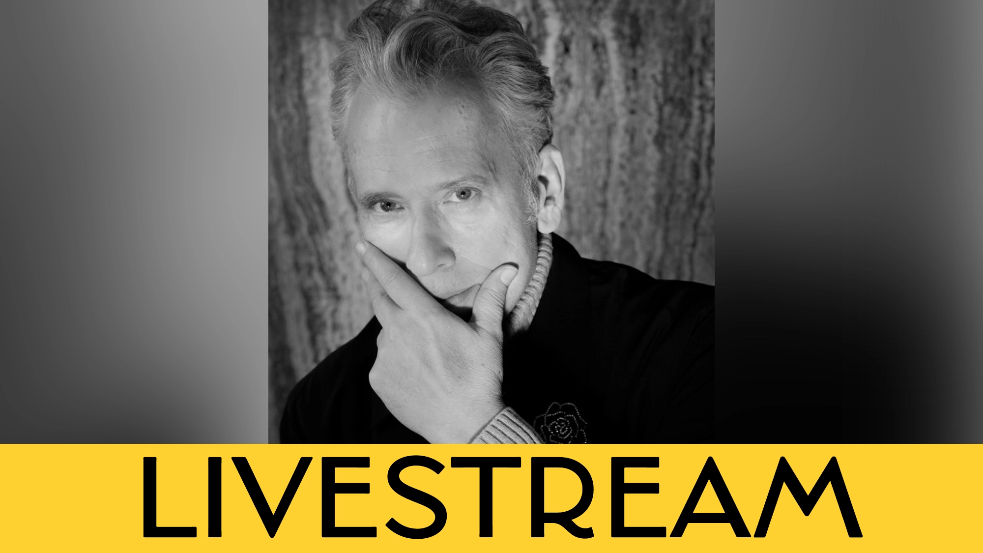 Black-and-white photo of a light-haired person posing with one hand over their mouth, thoughtful expression. Behind is a textured wall. “LIVESTREAM” in bold black letters is overlaid on a yellow bar at the bottom, evoking the intimate atmosphere of a Billy Stritch and Tony Bennett performance broadcast live.