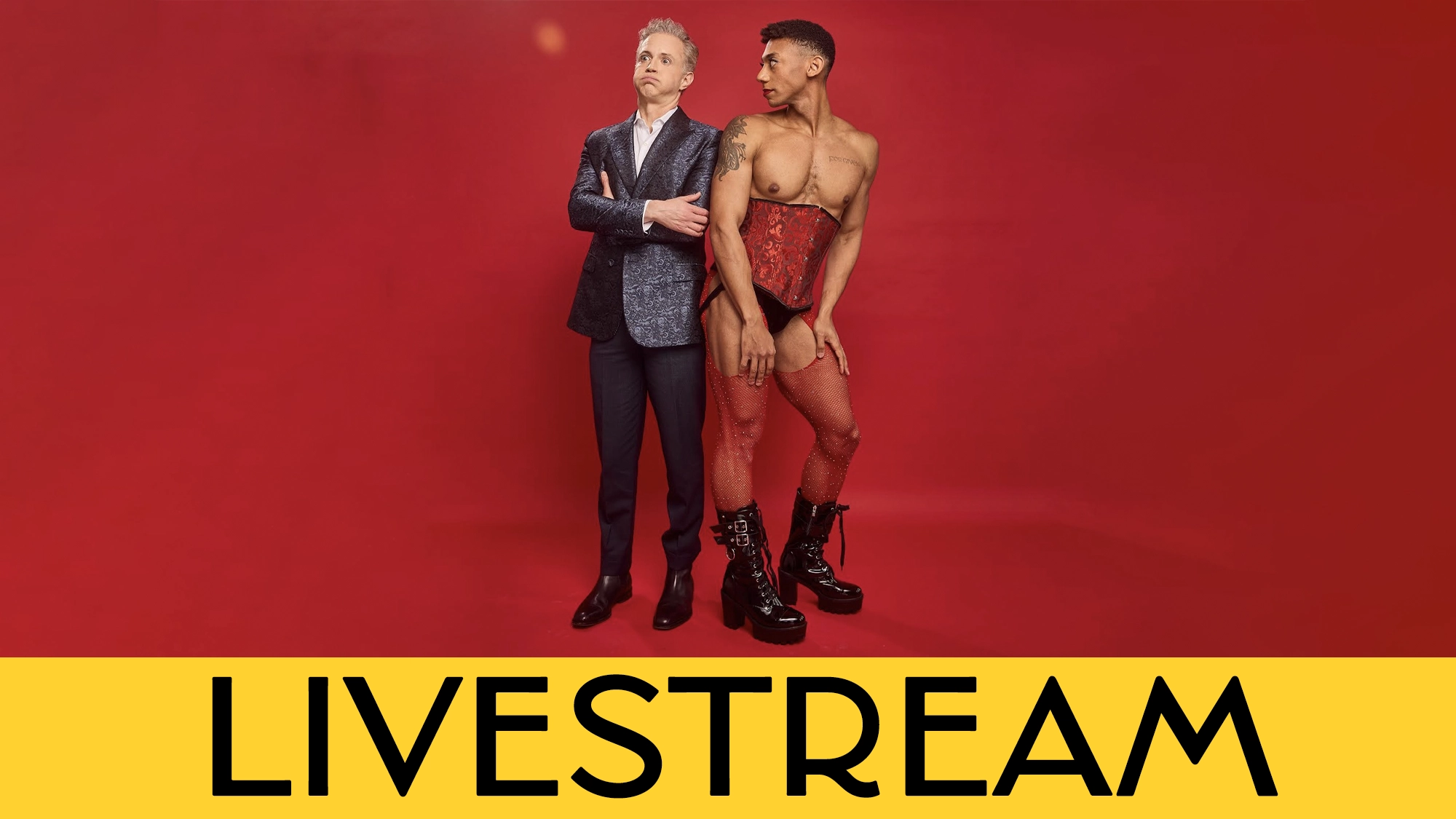 Two people stand against a red background. One, Tom Guthrie, wears a sparkly suit and crosses his arms, while the other poses confidently in red lingerie, stockings, and black boots. A yellow banner at the bottom reads “LIVESTREAM” in bold black letters for this special Broadway Undressed event, presented by The Door.