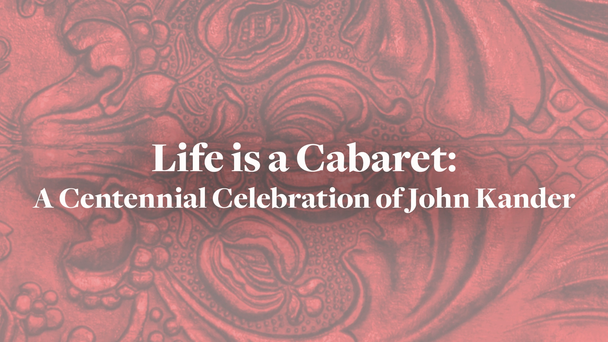 Red ornate background with floral patterns. White centered text reads: 