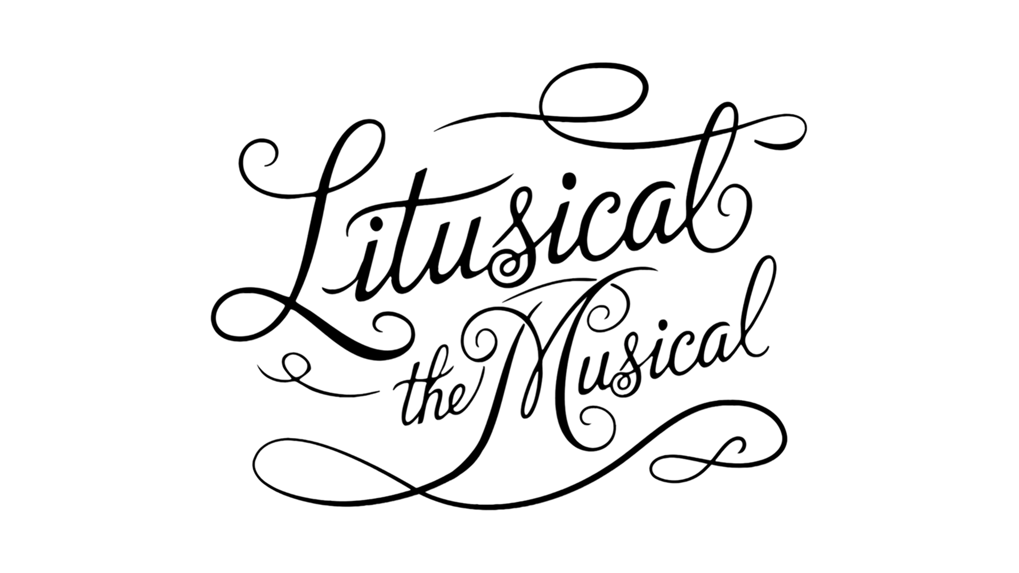 Calligraphic black script on a white background spells “Litusical the Musical,” with decorative loops and flourishes extending from the letters, creating an elegant, whimsical appearance. The distinctive design reflects the creative vision of Adam Azrieli and Payton Daly, capturing the enchanting spirit of their collaboration.