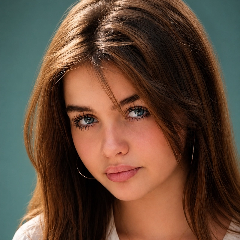 A young woman with long brown hair and blue eyes looks at the camera. She has light skin, wears hoop earrings, and a white top. The background is a solid teal color, and the lighting is bright, highlighting her natural features and gentle expression.