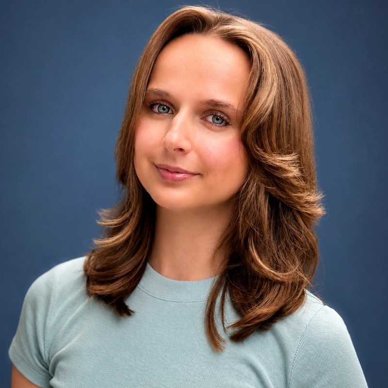 A young woman with light brown, shoulder-length hair and blue eyes smiles slightly. She wears a light blue t-shirt. The background is a solid dark blue, and the lighting is bright and even. Her hair is styled with soft waves.