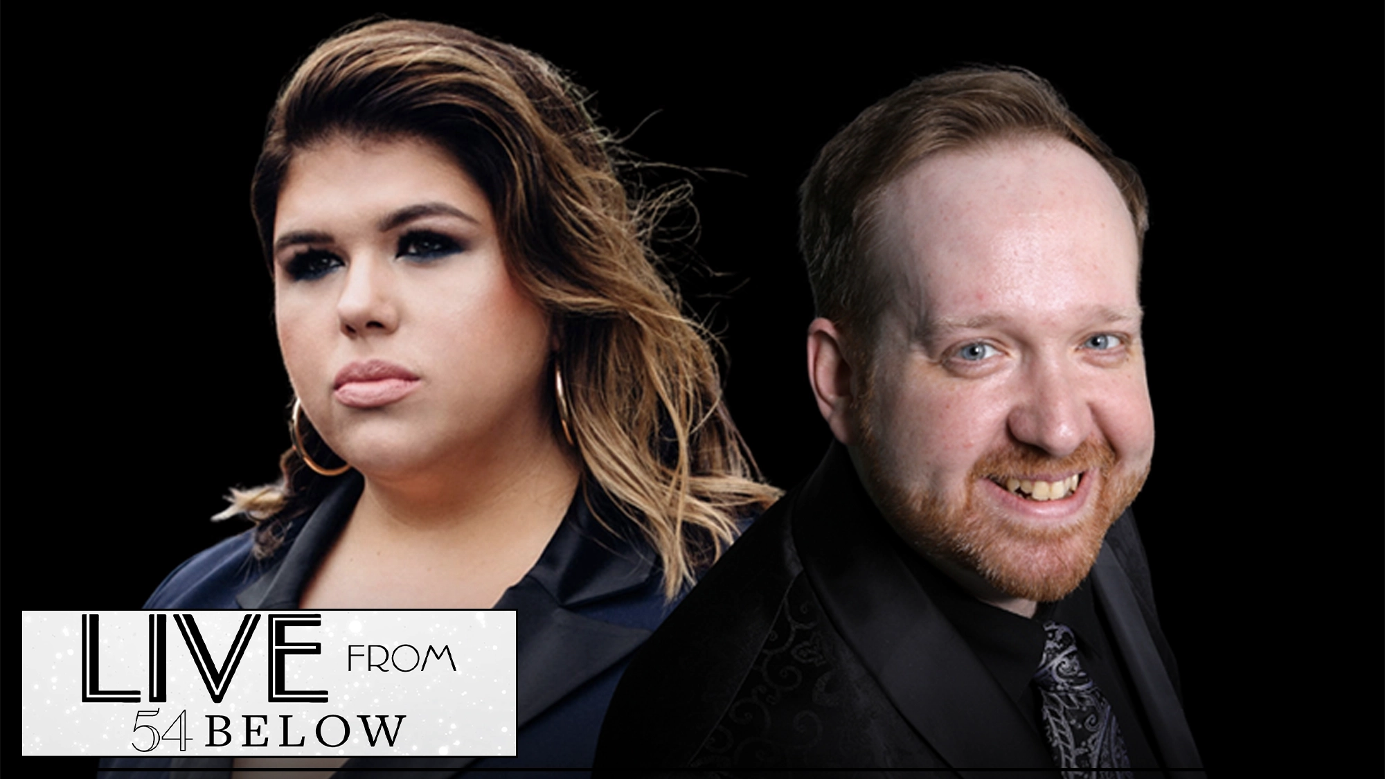 Together Again show page A woman with wavy hair and hoop earrings looks serious beside a smiling man in a suit, both on a black background. In the corner, a white sign reads “LIVE FROM 54 BELOW” in bold black letters.
