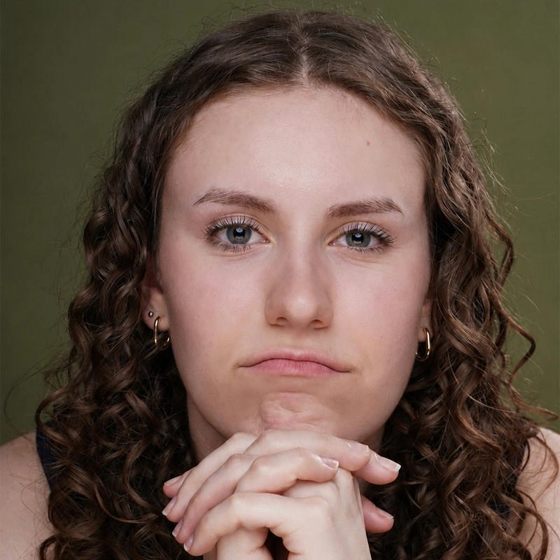 A young woman with curly brown hair and fair skin looks directly at the camera, resting her chin on her clasped hands. She wears small gold hoop earrings and has a neutral expression. The background is plain olive green, giving a simple yet elegant backdrop to Maya Cassell’s thoughtful pose.