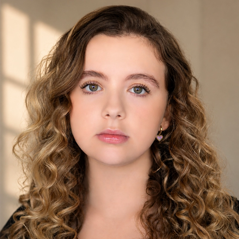 Young woman with long, blonde, curly hair and green eyes stares at the camera with a neutral expression. She wears heart-shaped earrings and stands against a softly lit beige wall, with window shadows in the background—her look reminiscent of Kelsey Valente’s effortless style.