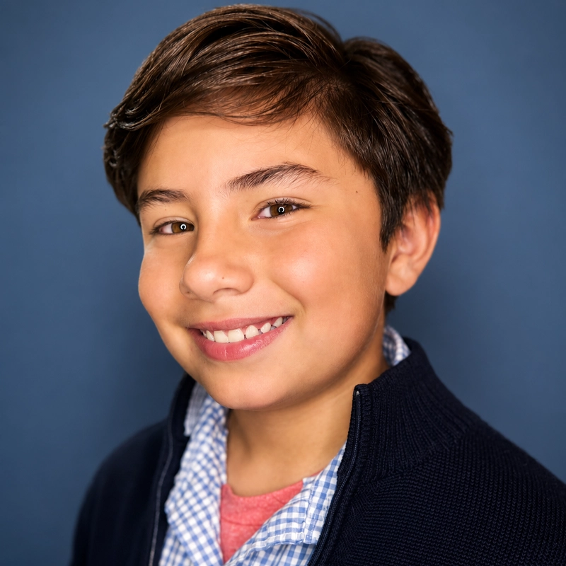 A young boy with short brown hair smiles at the camera. He wears a navy blue sweater over a blue and white checkered shirt with a red t-shirt underneath. The background is a solid blue color. His expression is friendly and confident, perfectly capturing the charm of Roman Mleczko.
